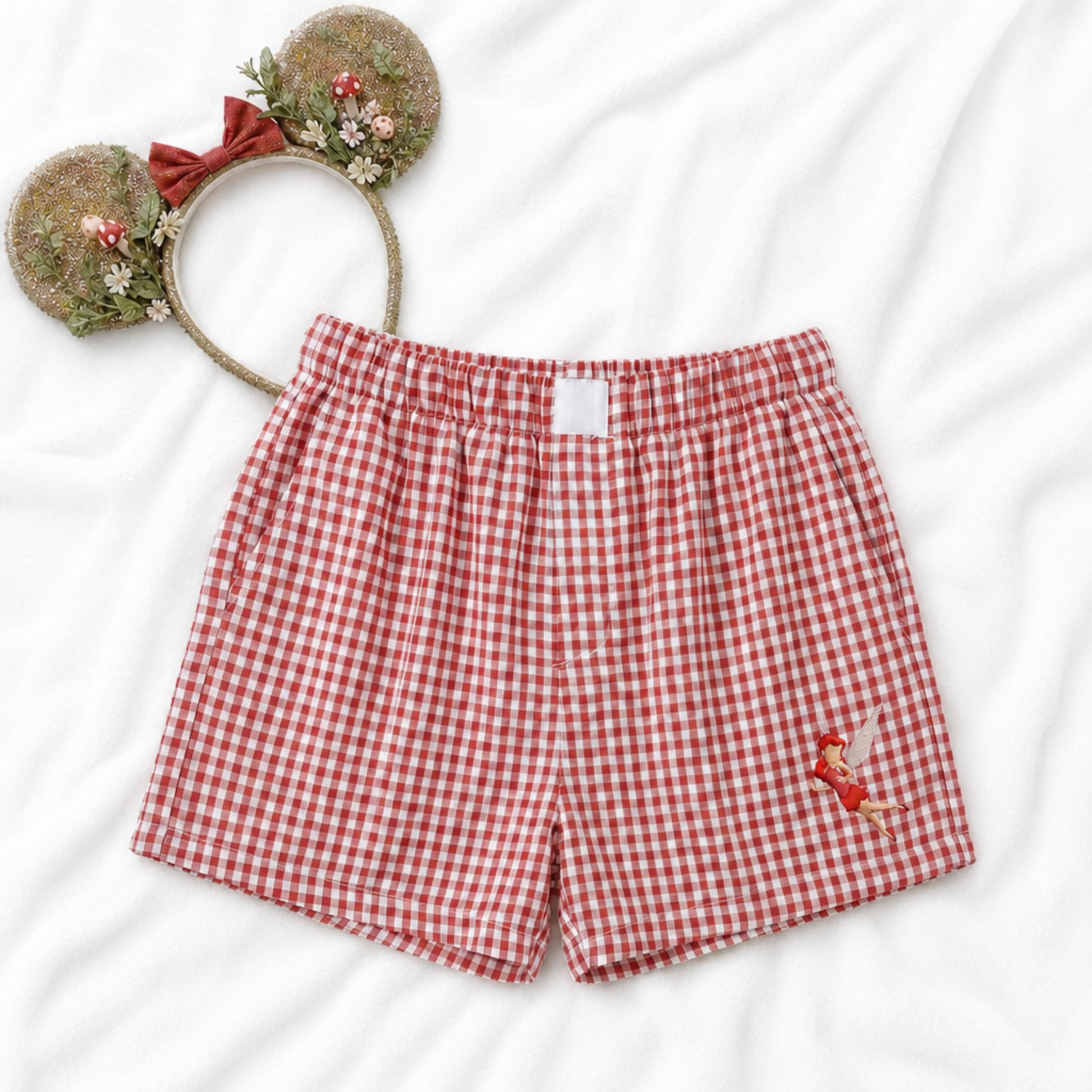 Disney Pixie Hollow Inspired Embroidered Gingham Shorts – Fairy Themed Collection for Park Days and Summer Outfits