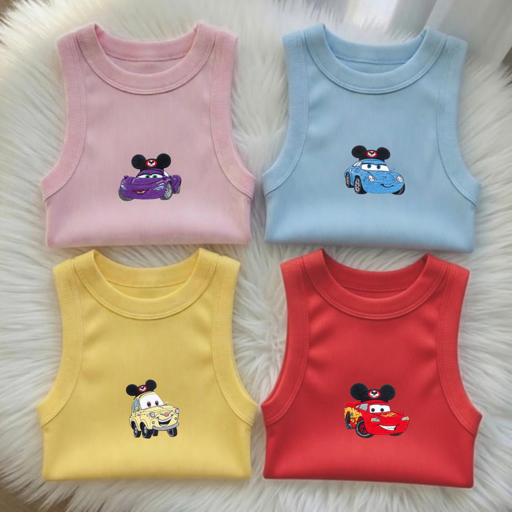 Embroidered Race Car Tank Top with Cute Cartoon Car Character Shirt for Lightning Car Vacation Outfit Tee