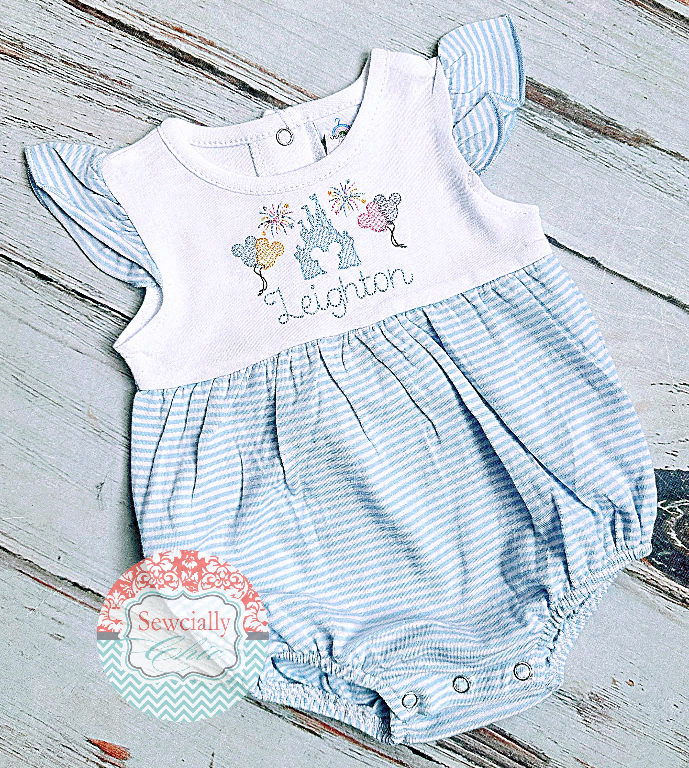 Baby Blue Embroidered Disney Castle Bubble Romper – Princess Disneyland Outfit for Baby Girls and Toddlers