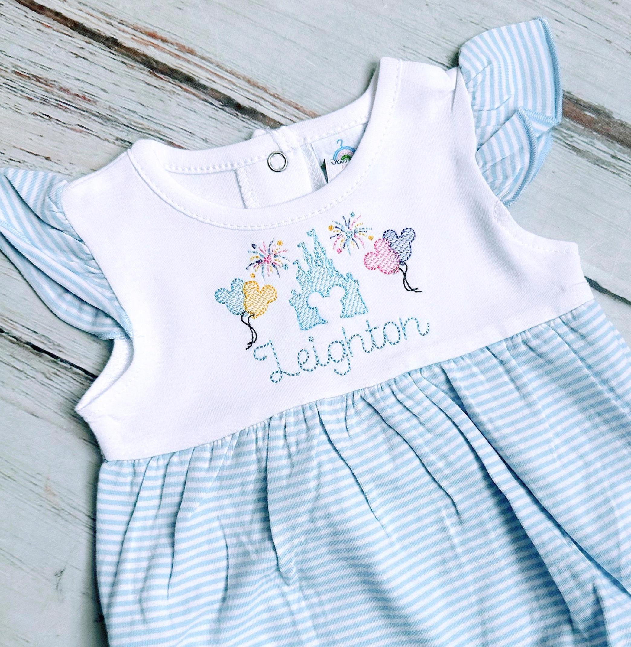 Baby Blue Embroidered Disney Castle Bubble Romper – Princess Disneyland Outfit for Baby Girls and Toddlers - photo 2