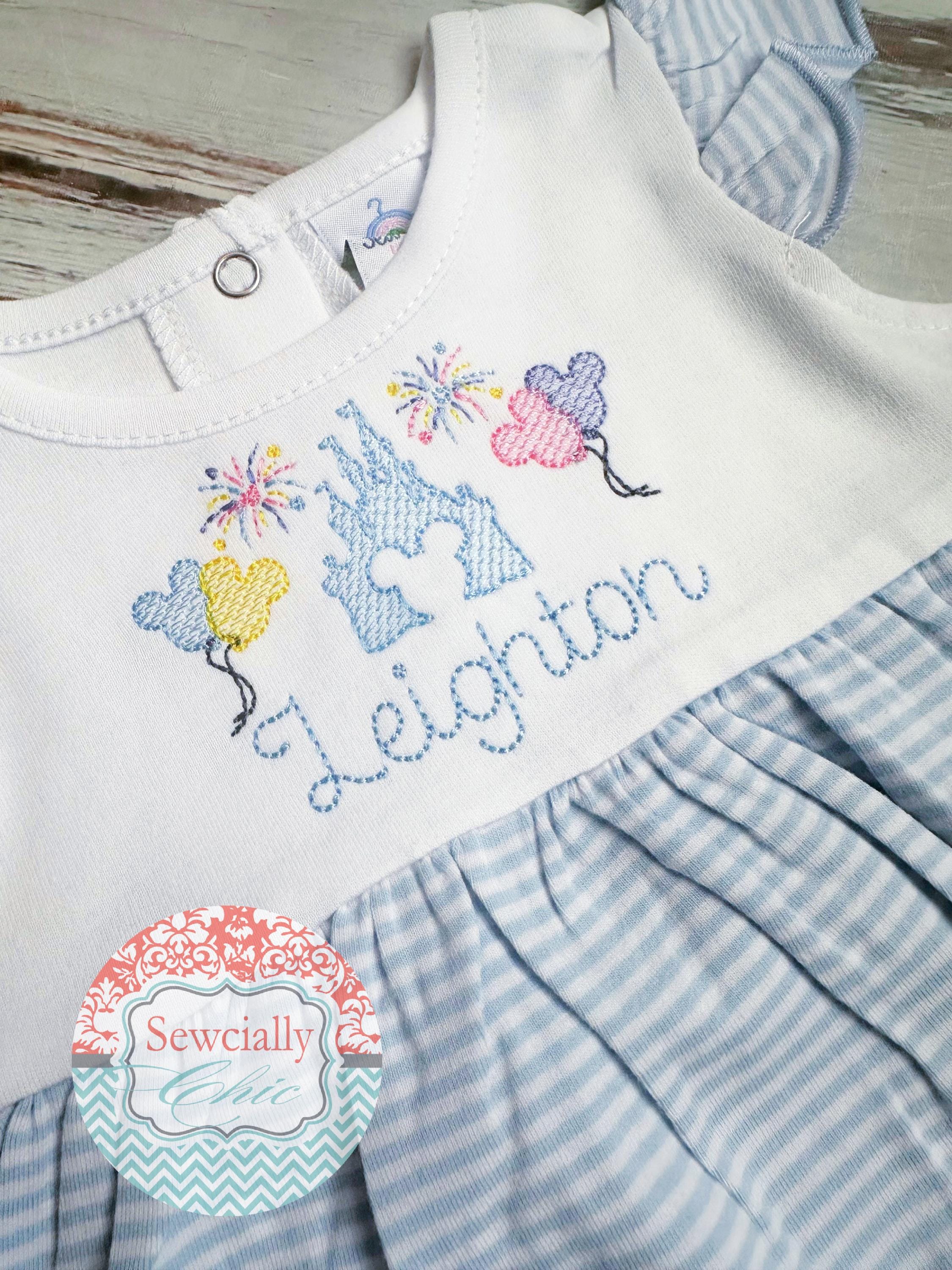 Baby Blue Embroidered Disney Castle Bubble Romper – Princess Disneyland Outfit for Baby Girls and Toddlers - photo 3