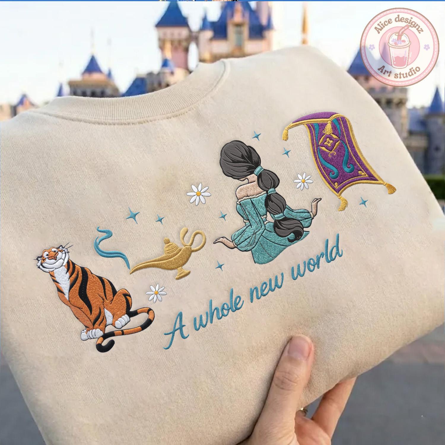 Embroidered Princess Jasmine and Rajah T-Shirt Sweatshirt Hoodie – A Whole New World Disney Magic Kingdom WDW Disneyland Shirt