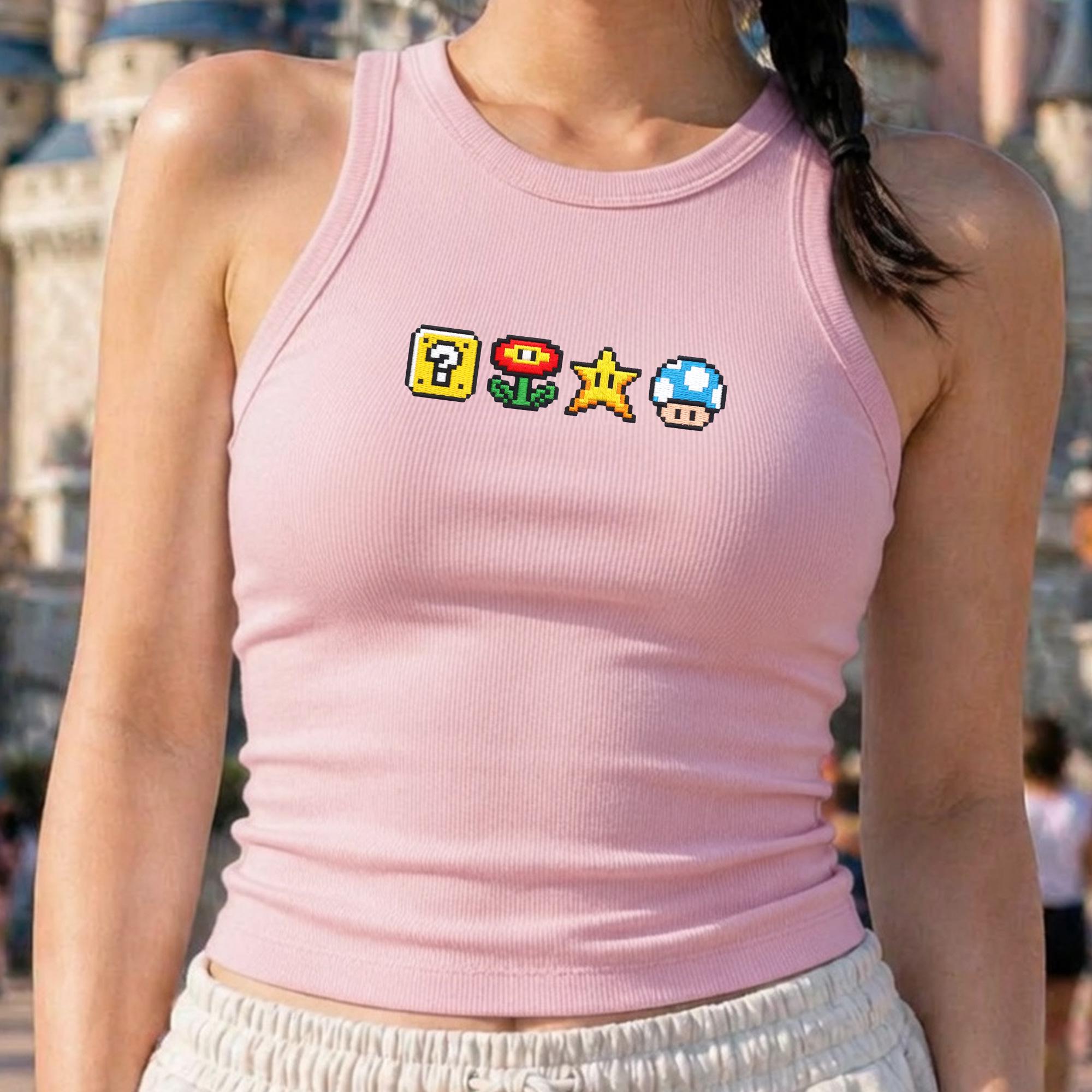 Embroidered Super Mario Icons Crop Tank Top with Star Mushroom Question Block Gamer Shirt for Cute Nintendo Gift for Her