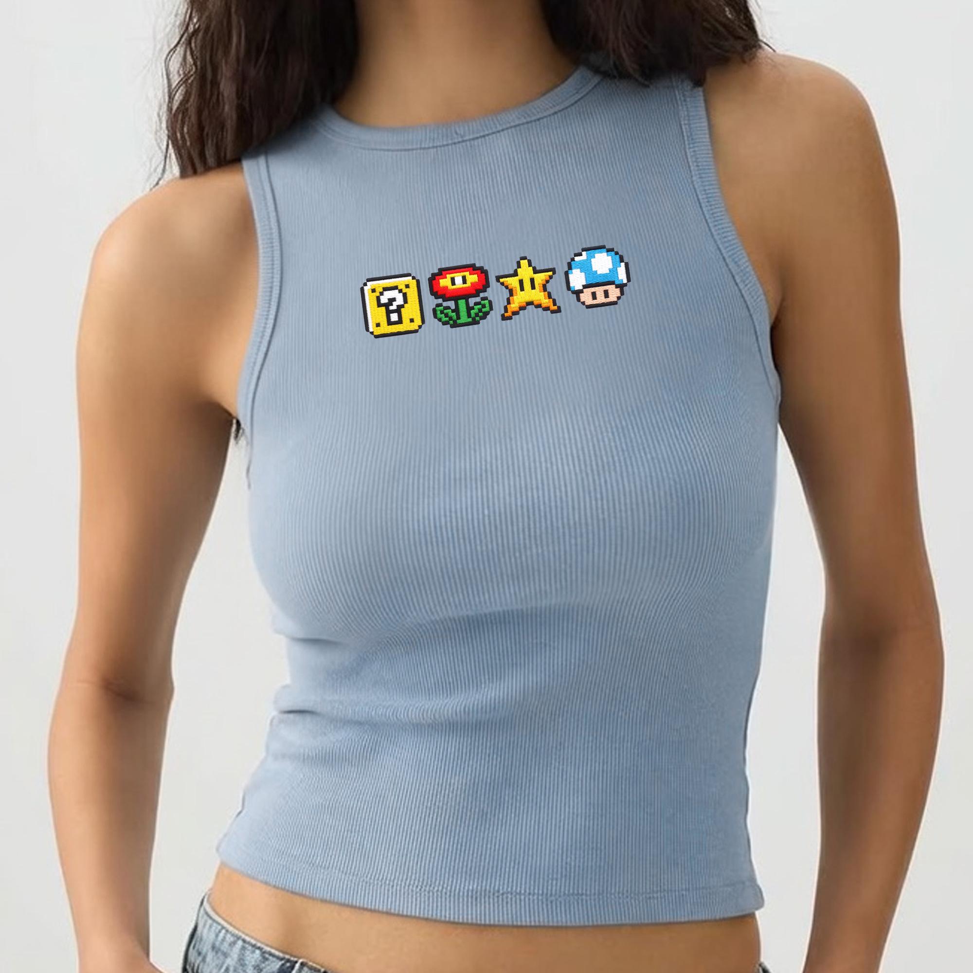 Embroidered Super Mario Icons Crop Tank Top with Star Mushroom Question Block Gamer Shirt for Cute Nintendo Gift for Her - photo 2