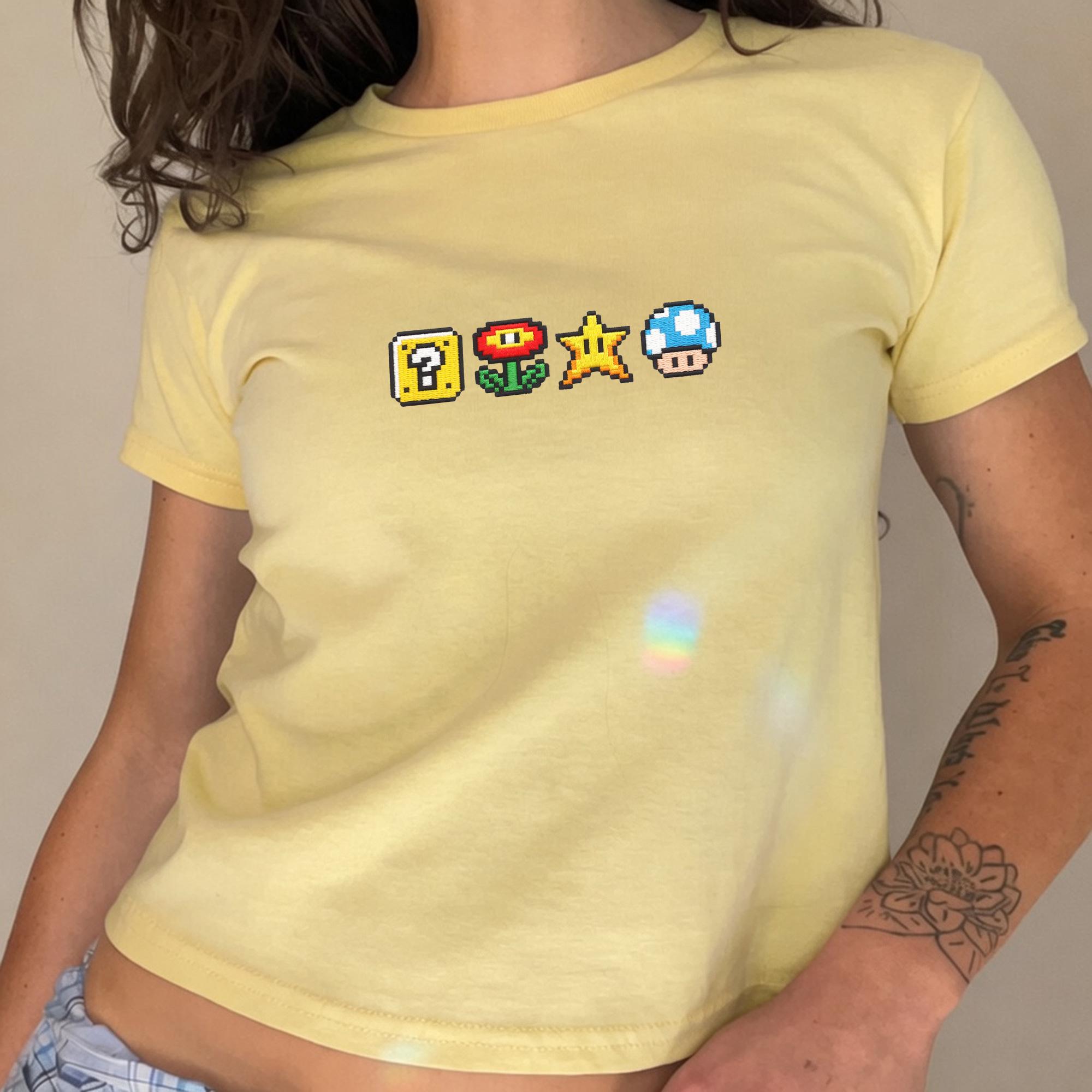 Embroidered Super Mario Icons Crop Tank Top with Star Mushroom Question Block Gamer Shirt for Cute Nintendo Gift for Her - photo 3