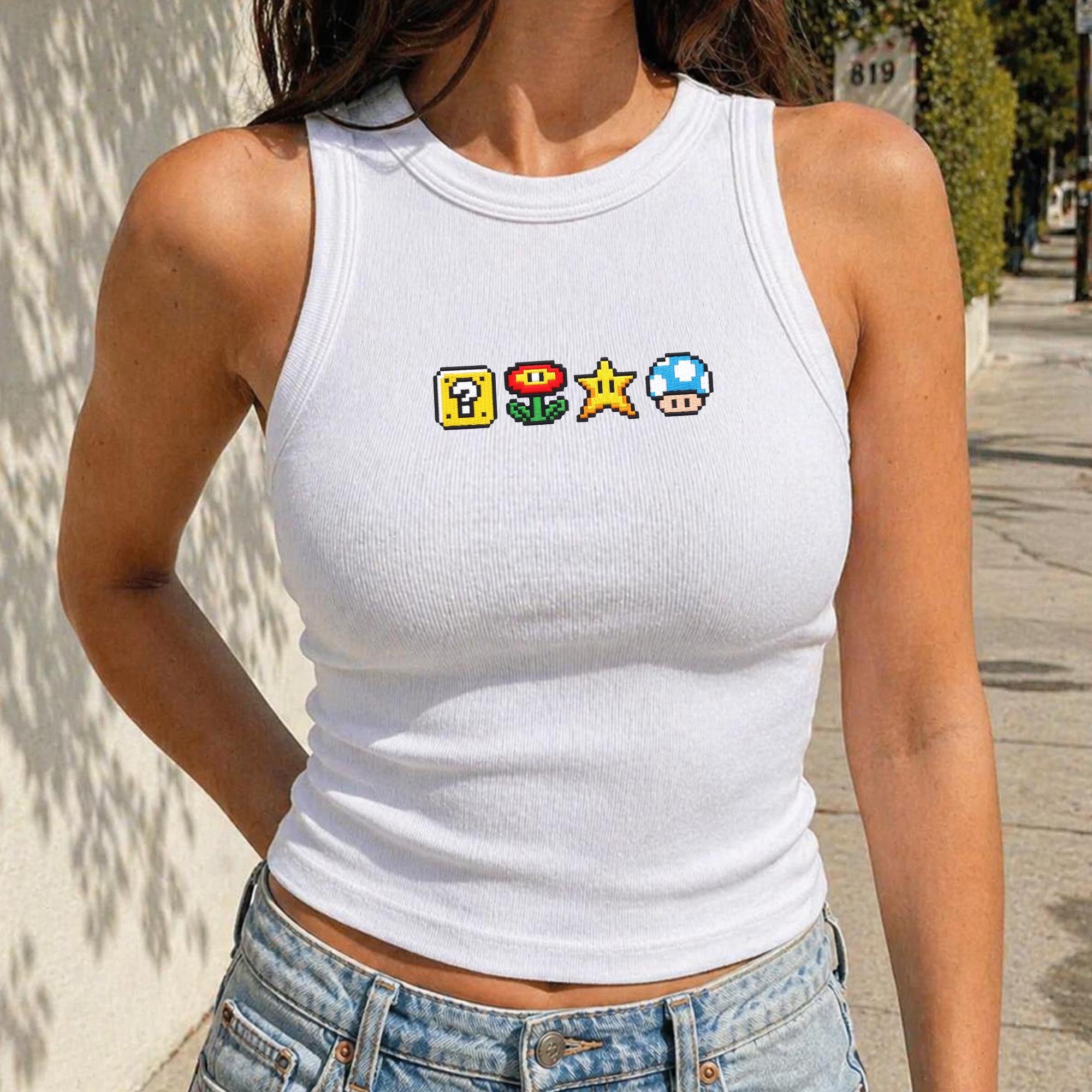 Embroidered Super Mario Icons Crop Tank Top with Star Mushroom Question Block Gamer Shirt for Cute Nintendo Gift for Her - photo 7
