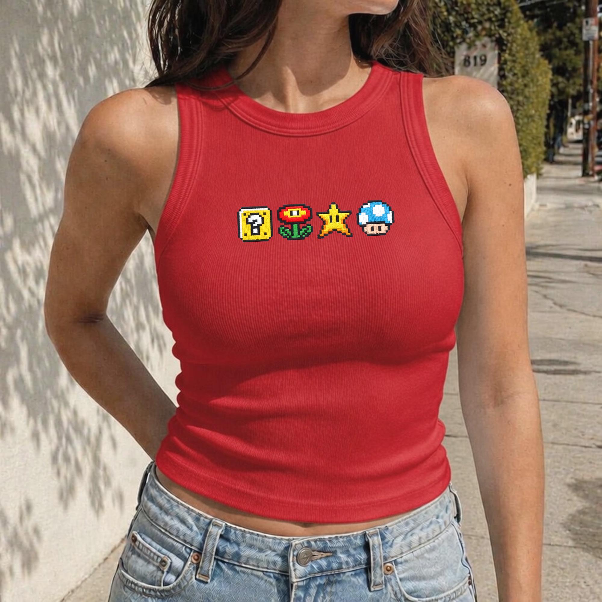 Embroidered Super Mario Icons Crop Tank Top with Star Mushroom Question Block Gamer Shirt for Cute Nintendo Gift for Her - photo 8
