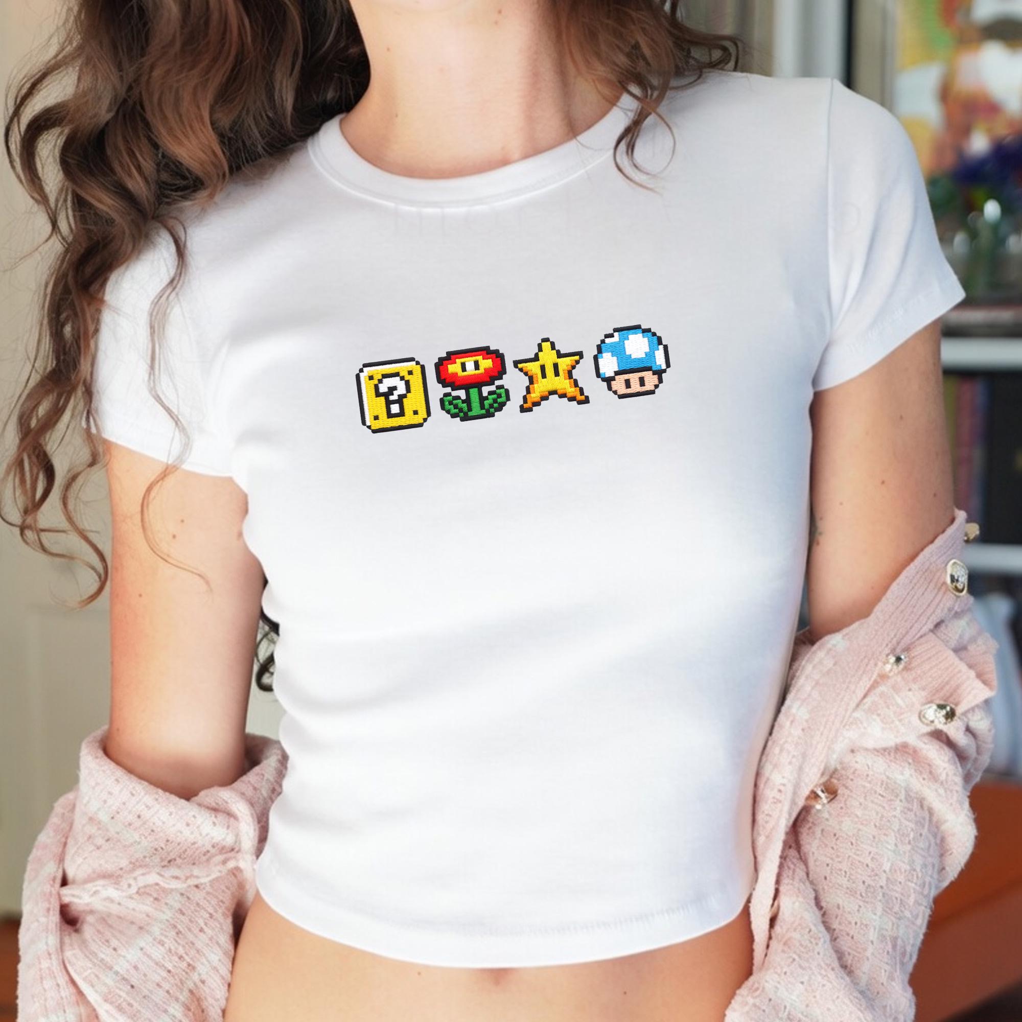 Embroidered Super Mario Icons Crop Tank Top with Star Mushroom Question Block Gamer Shirt for Cute Nintendo Gift for Her - photo 9