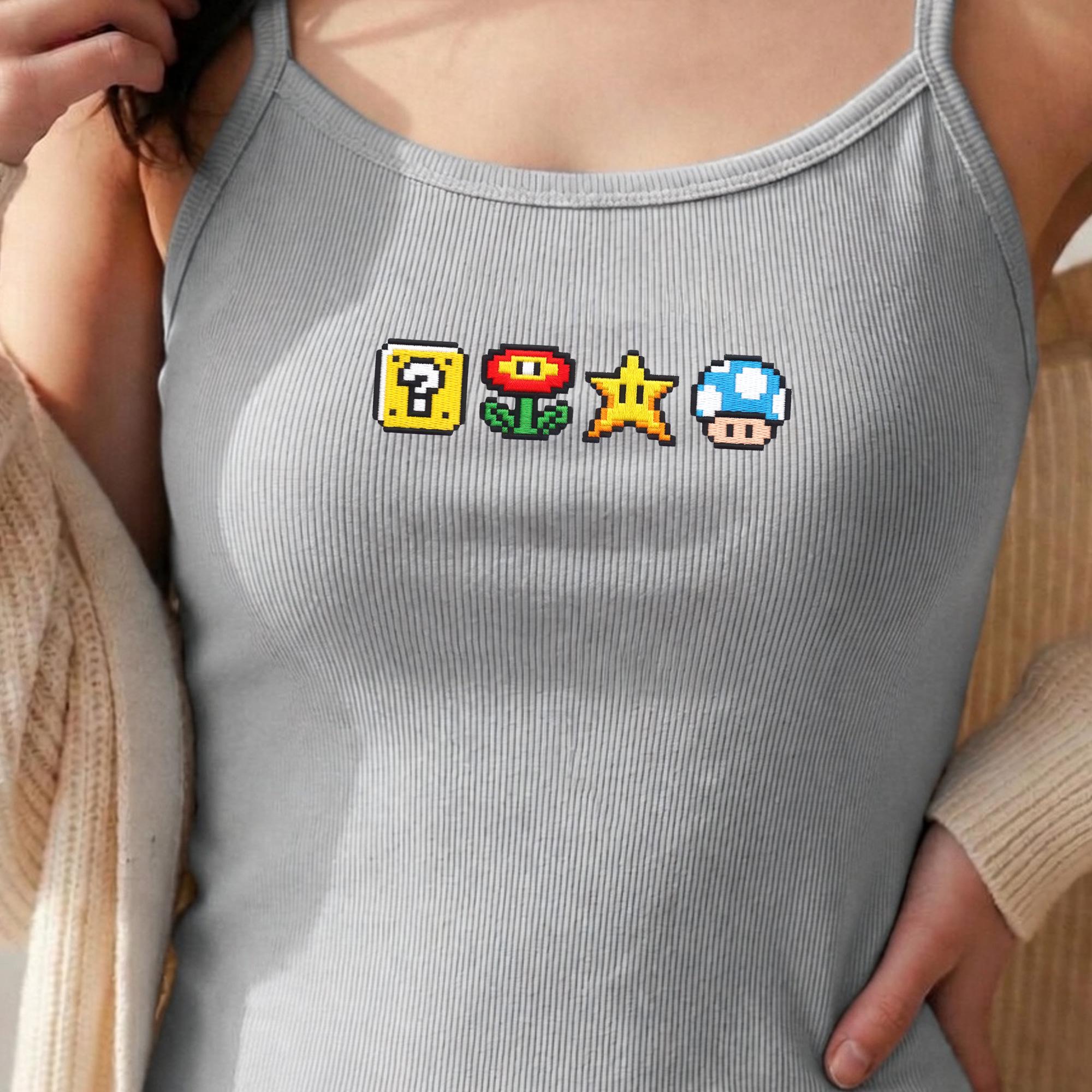 Embroidered Super Mario Icons Crop Tank Top with Star Mushroom Question Block Gamer Shirt for Cute Nintendo Gift for Her - photo 10