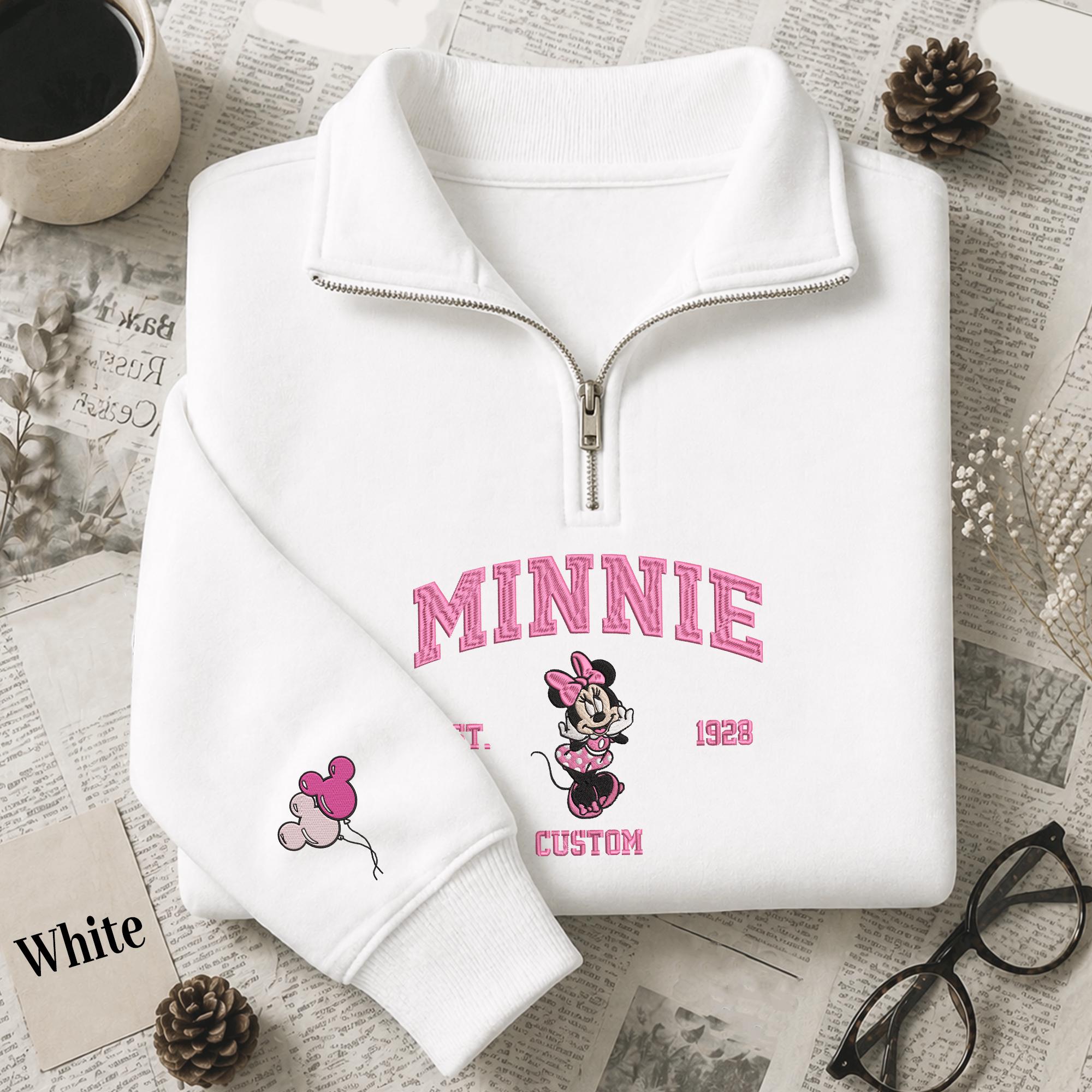 Personalized Minnie Mouse Custom Embroidered Quarter Zip Sweatshirt – Disney Inspired Pullover Gift for Women