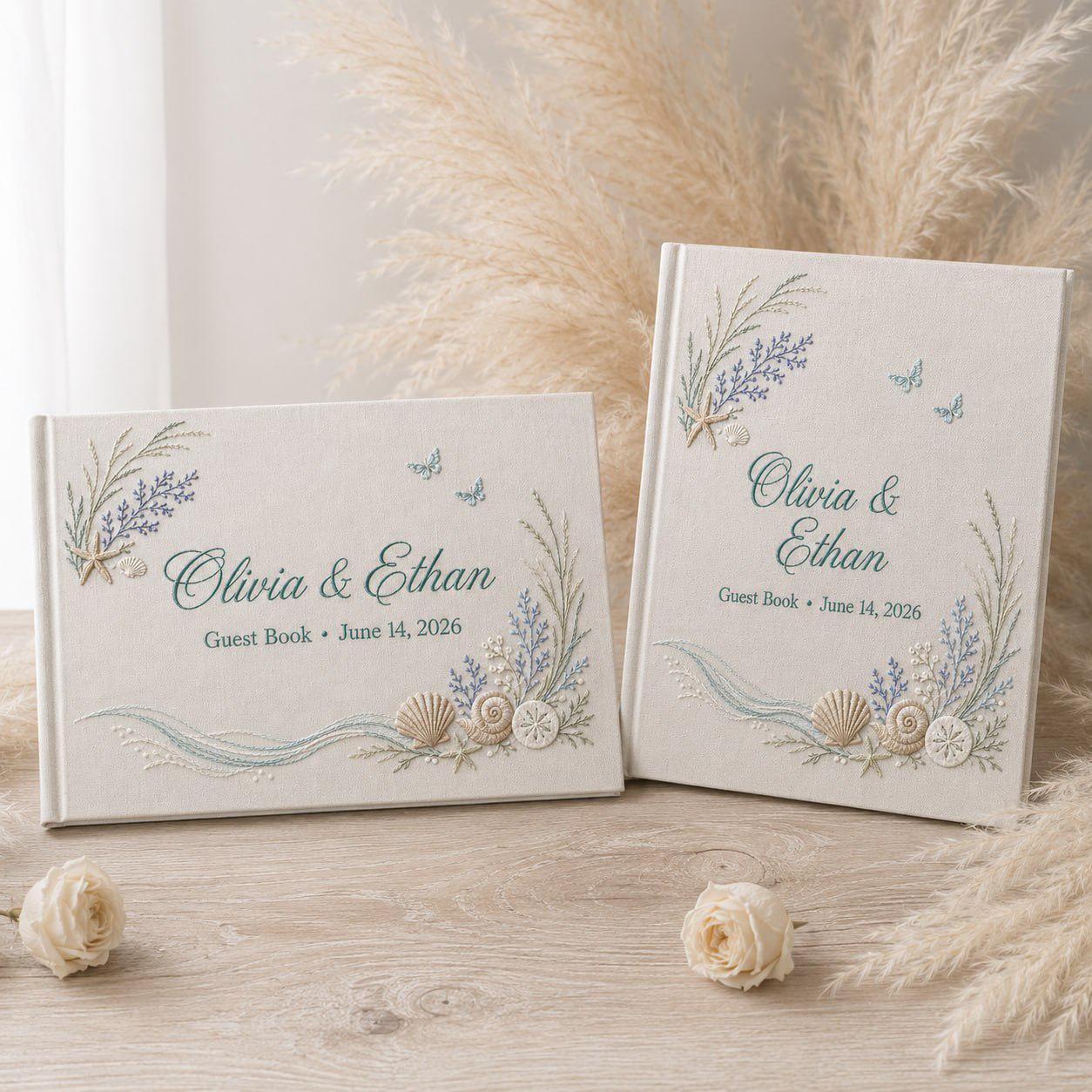 Custom Beach Wedding Guestbook with Personalized Embroidered Linen Photo Album and Coastal Bridal Shower Keepsake for Destination Wedding Memory Book