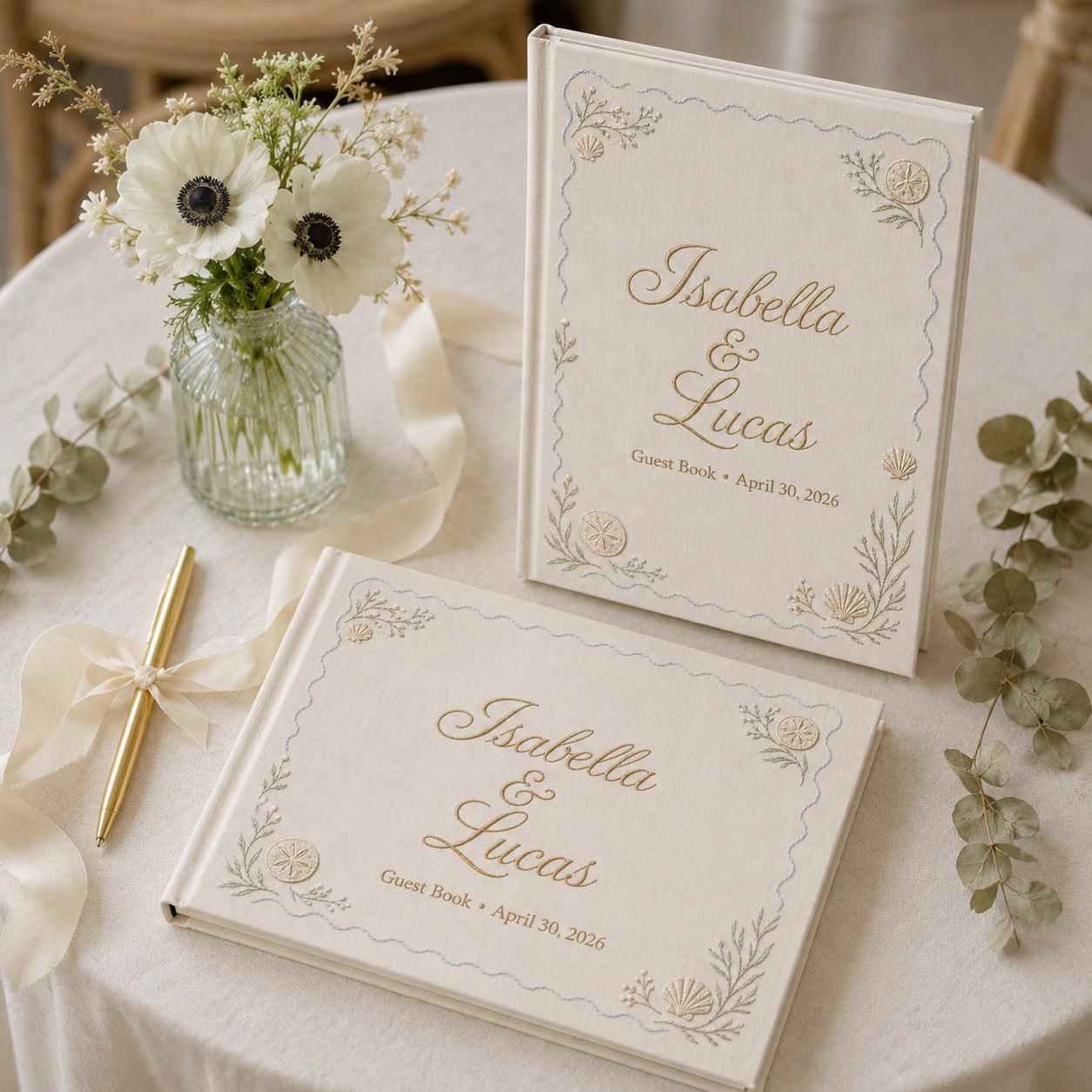 Custom Beach Wedding Guestbook with Personalized Embroidered Linen Photo Album and Coastal Bridal Shower Keepsake for Destination Wedding Memory Book - photo 2