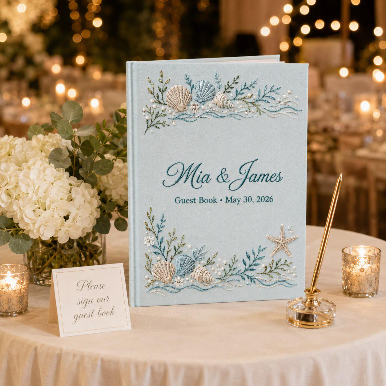 Custom Beach Wedding Guestbook with Personalized Embroidered Linen Photo Album and Coastal Bridal Shower Keepsake for Destination Wedding Memory Book - photo 3