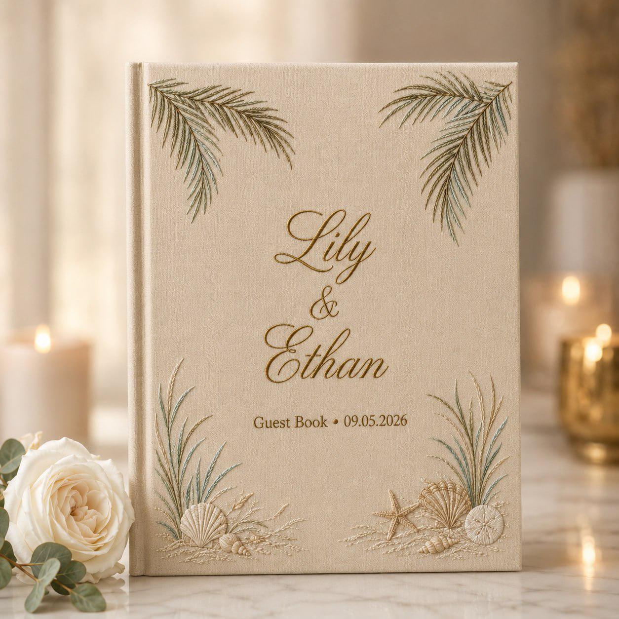 Custom Beach Wedding Guestbook with Personalized Embroidered Linen Photo Album and Coastal Bridal Shower Keepsake for Destination Wedding Memory Book - photo 4