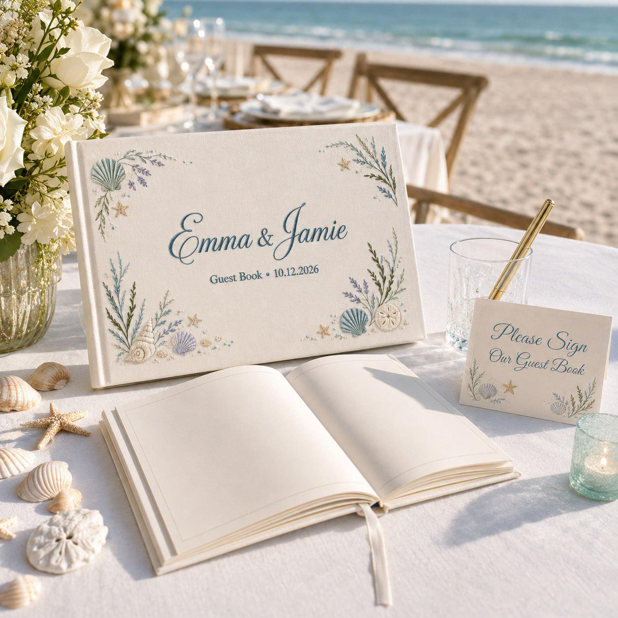 Custom Beach Wedding Guestbook with Personalized Embroidered Linen Photo Album and Coastal Bridal Shower Keepsake for Destination Wedding Memory Book - photo 5