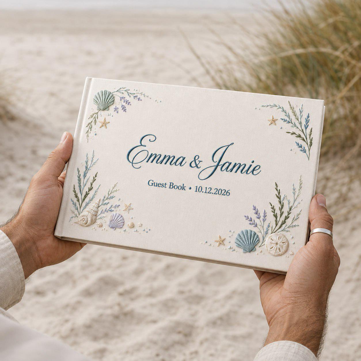 Custom Beach Wedding Guestbook with Personalized Embroidered Linen Photo Album and Coastal Bridal Shower Keepsake for Destination Wedding Memory Book - photo 12