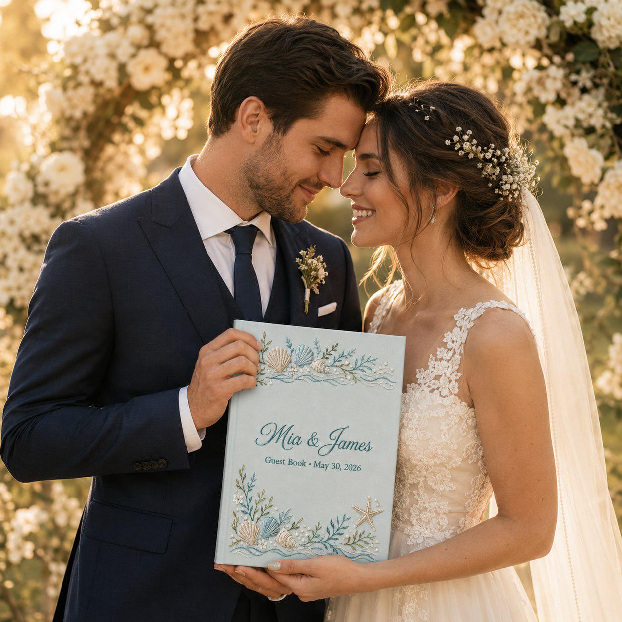 Custom Beach Wedding Guestbook with Personalized Embroidered Linen Photo Album and Coastal Bridal Shower Keepsake for Destination Wedding Memory Book - photo 13