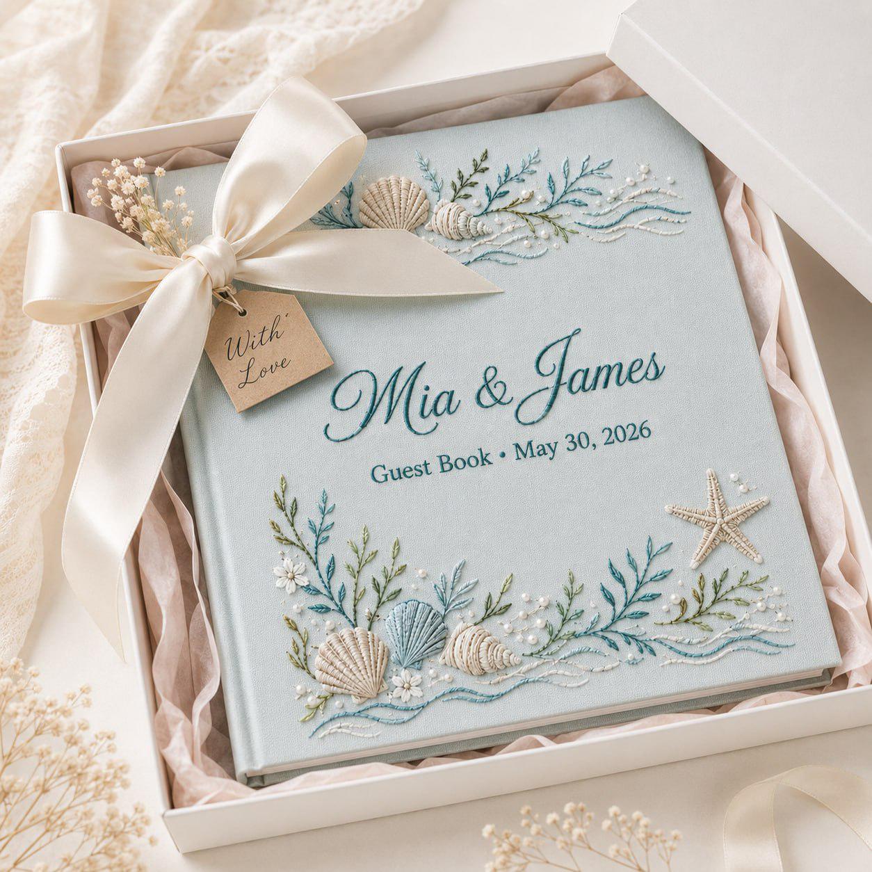 Custom Beach Wedding Guestbook with Personalized Embroidered Linen Photo Album and Coastal Bridal Shower Keepsake for Destination Wedding Memory Book - photo 14