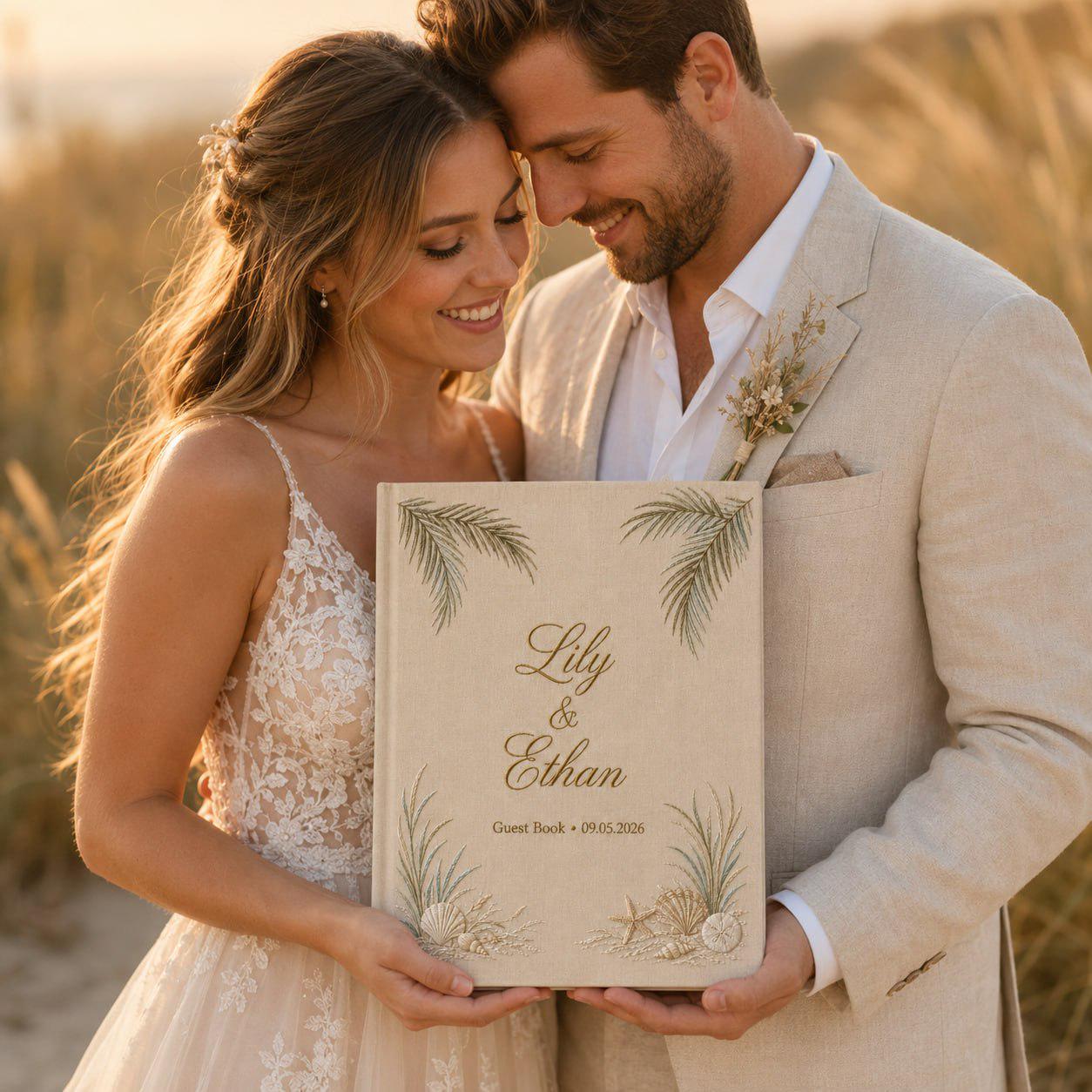 Custom Beach Wedding Guestbook with Personalized Embroidered Linen Photo Album and Coastal Bridal Shower Keepsake for Destination Wedding Memory Book - photo 15