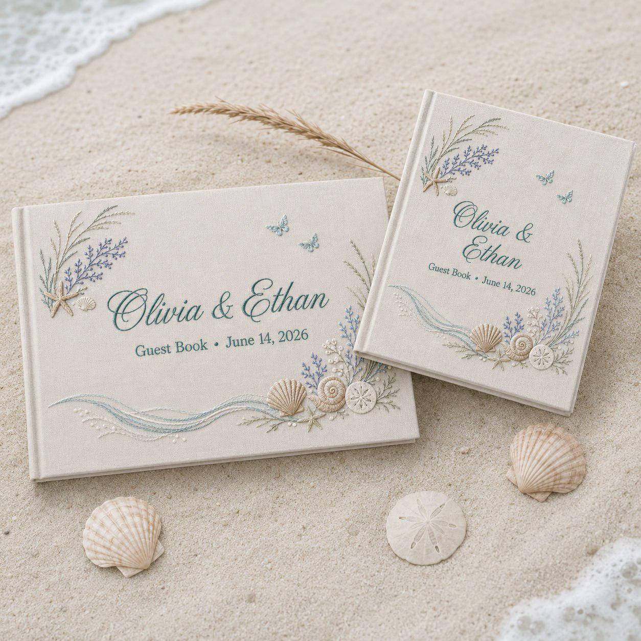 Custom Beach Wedding Guestbook with Personalized Embroidered Linen Photo Album and Coastal Bridal Shower Keepsake for Destination Wedding Memory Book - photo 16