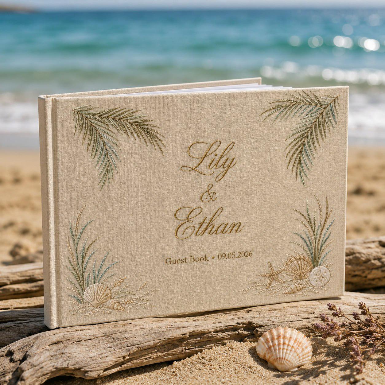 Custom Beach Wedding Guestbook with Personalized Embroidered Linen Photo Album and Coastal Bridal Shower Keepsake for Destination Wedding Memory Book - photo 17
