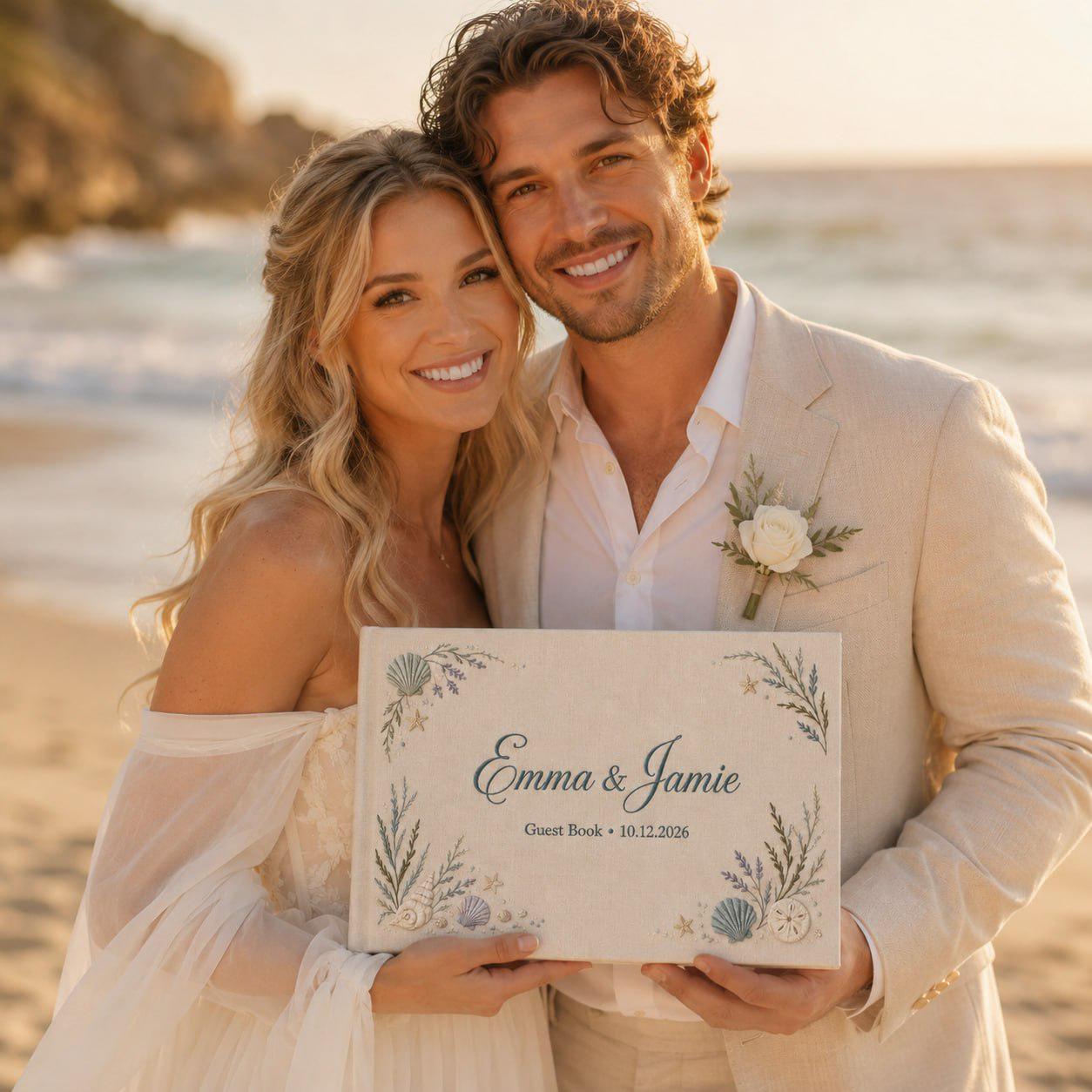 Custom Beach Wedding Guestbook with Personalized Embroidered Linen Photo Album and Coastal Bridal Shower Keepsake for Destination Wedding Memory Book - photo 18