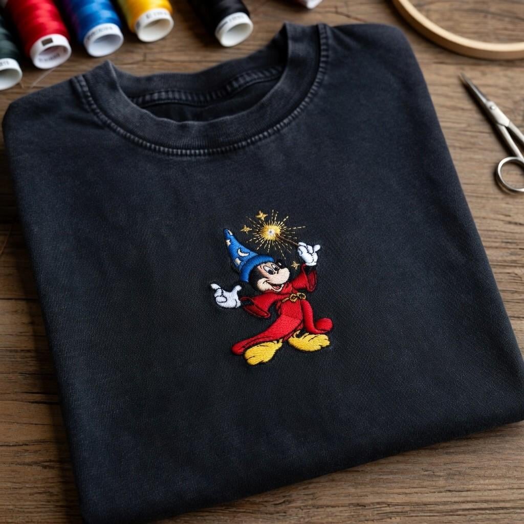 Disney Fantasia Sorcerer Mickey Embroidered Washed Shirt – Retro Disneyland Vacation Tee for Park Day Outfits