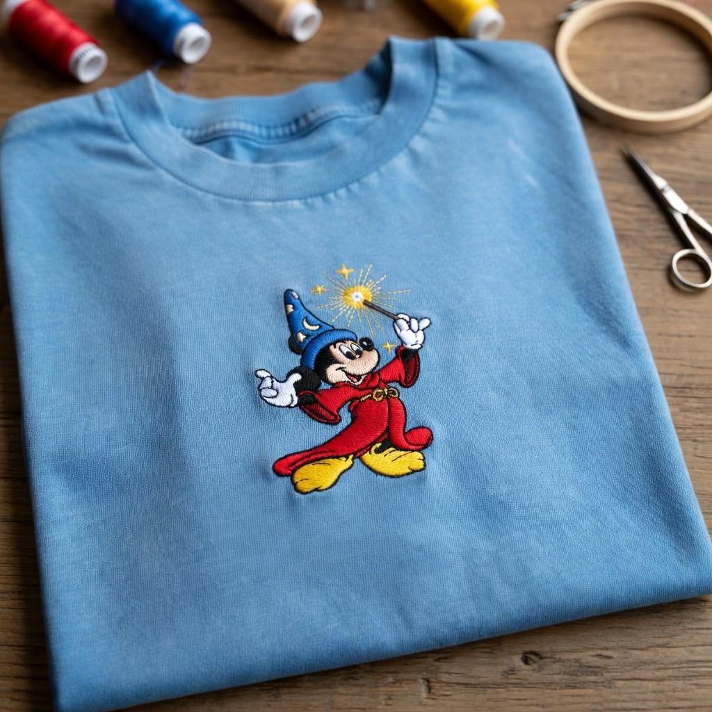 Disney Fantasia Sorcerer Mickey Embroidered Washed Shirt – Retro Disneyland Vacation Tee for Park Day Outfits - photo 2