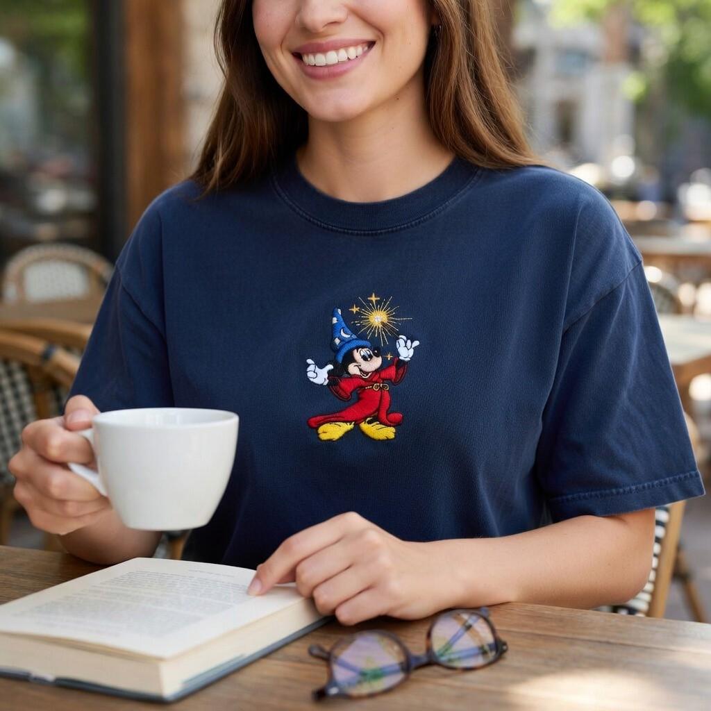 Disney Fantasia Sorcerer Mickey Embroidered Washed Shirt – Retro Disneyland Vacation Tee for Park Day Outfits - photo 3