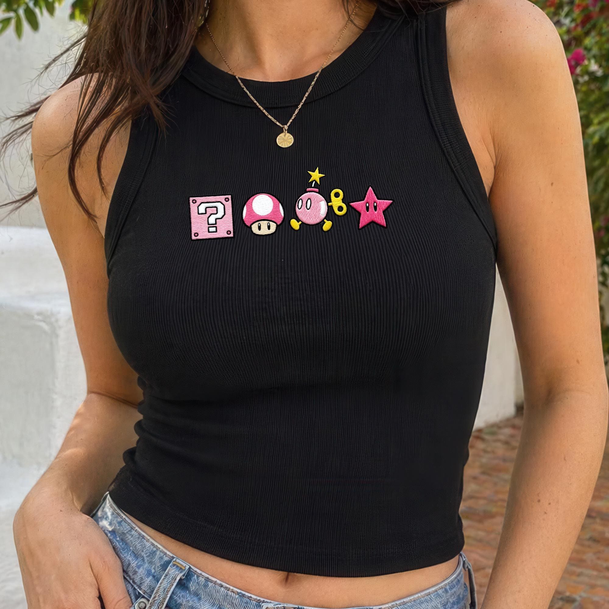 Embroidered Super Mario Crop Tank Top with Mario Star Bomb Question Block Mushroom Gamer Shirt for Cute Nintendo Game Aesthetic Shirt Gift for Her - photo 2