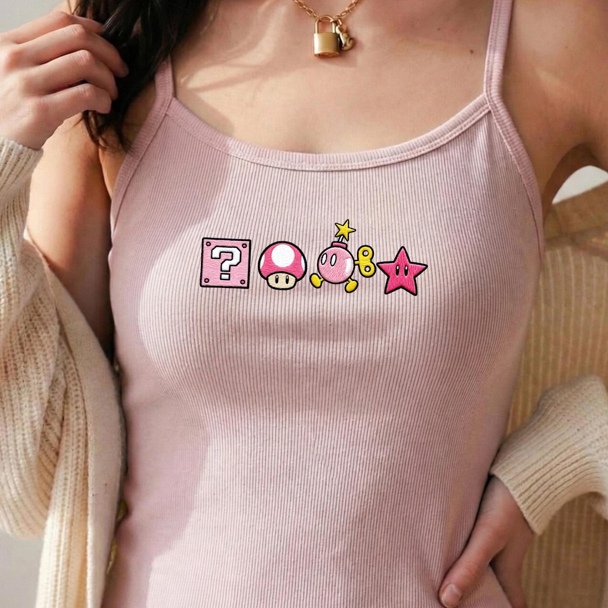 Embroidered Super Mario Crop Tank Top with Mario Star Bomb Question Block Mushroom Gamer Shirt for Cute Nintendo Game Aesthetic Shirt Gift for Her - photo 3