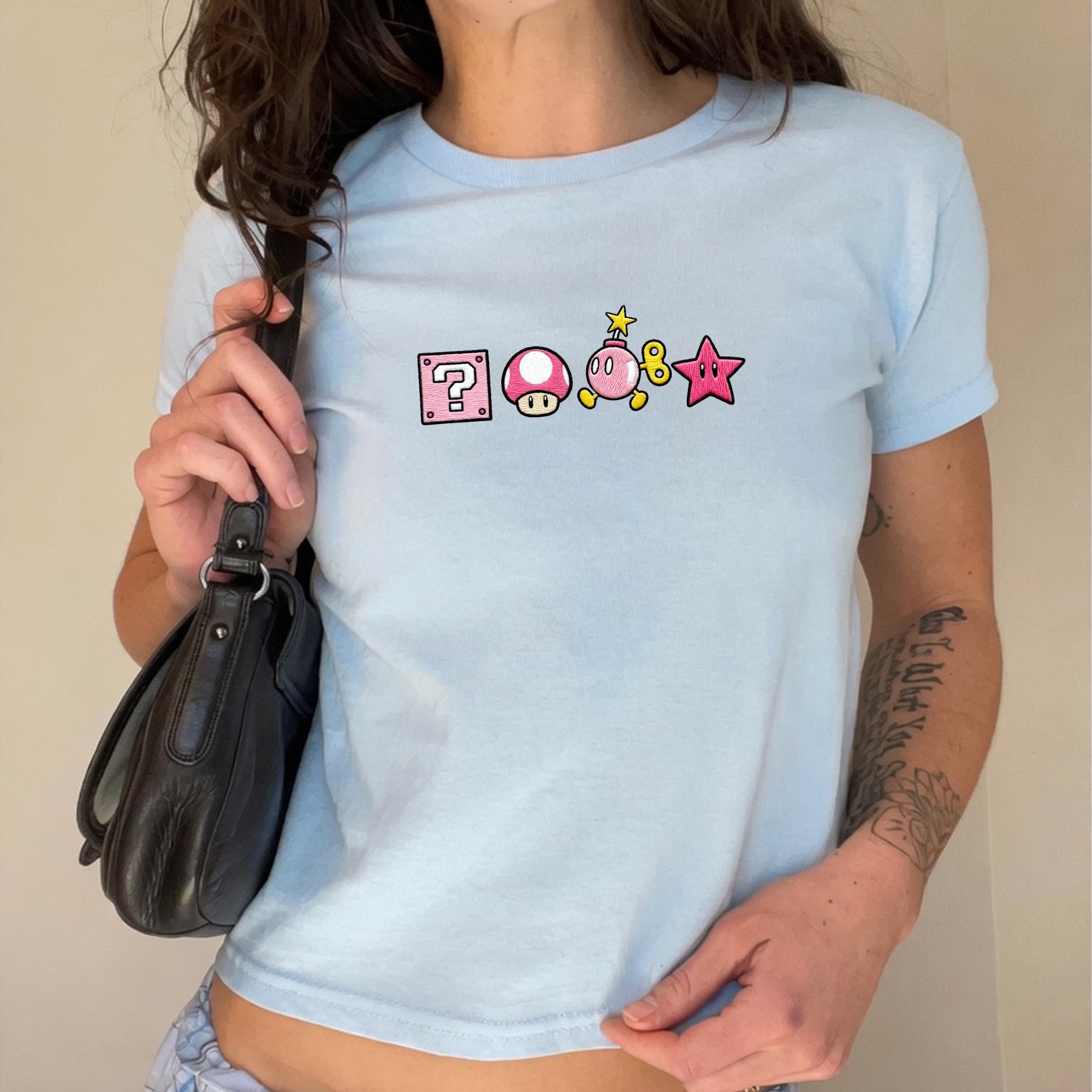Embroidered Super Mario Crop Tank Top with Mario Star Bomb Question Block Mushroom Gamer Shirt for Cute Nintendo Game Aesthetic Shirt Gift for Her - photo 10