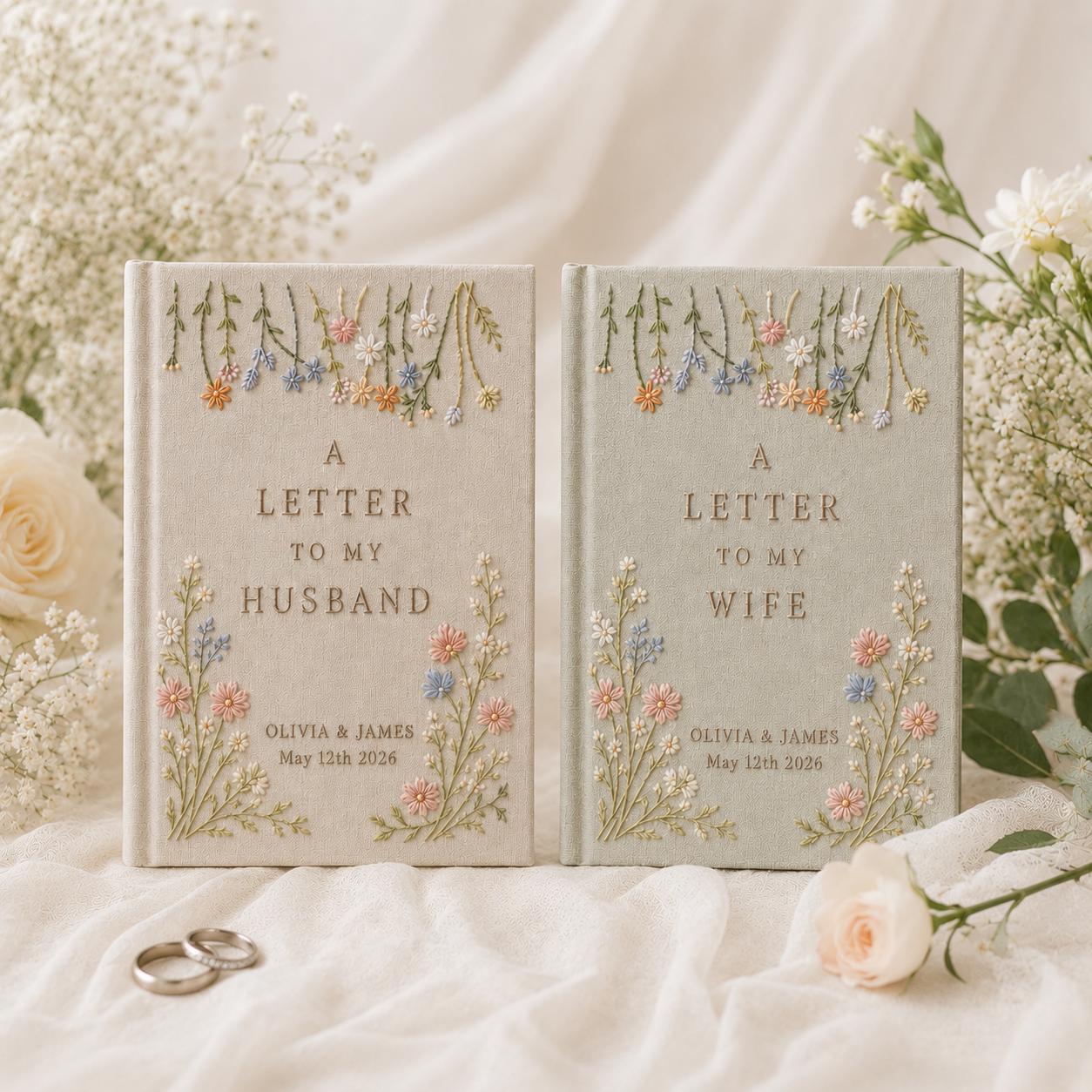 Hand Embroidered Linen Wedding Guest Book with Personalized Memory Album, Custom Wedding Vow Book, Bridal Shower Gift for Couple Keepsake