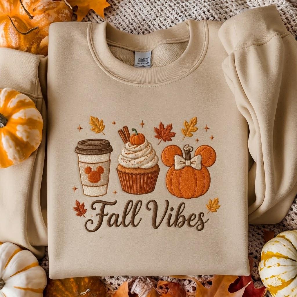 Embroidered Disney Fall Vibes Mickey Pumpkin Sweatshirt Crewneck – Not So Scary Halloween Hoodie and Pumpkin Spice Coffee Shirt
