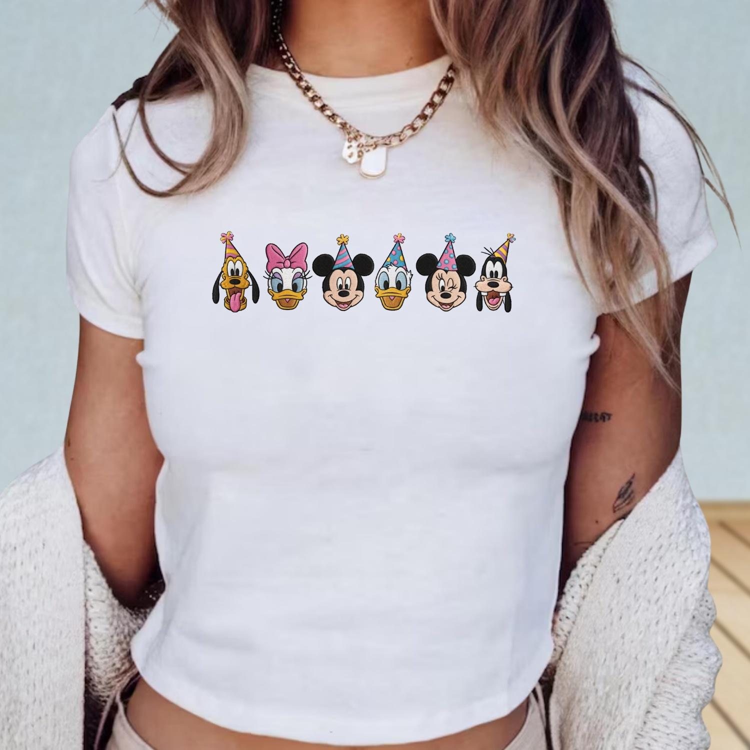 Embroidered Mickey and Friends Birthday Baby Tee with Minnie Donald and Pluto – Disney Trip Women Top and Birthday Gift