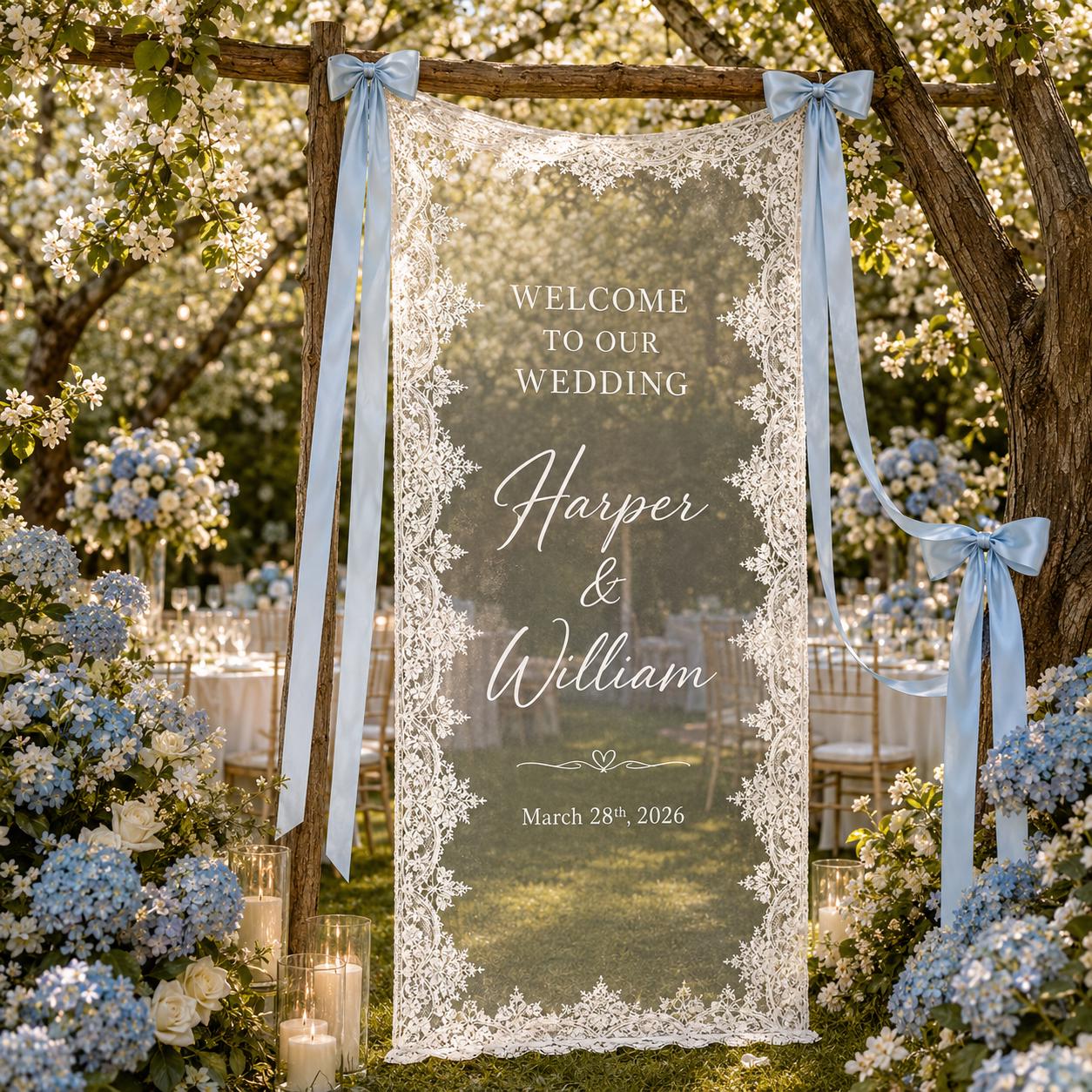 Custom Sheer Lace Wedding Welcome Sign with Modern Ceremony Sign, Lace Wedding Banner, Personalized Welcome Sign for Wedding Reception Decor