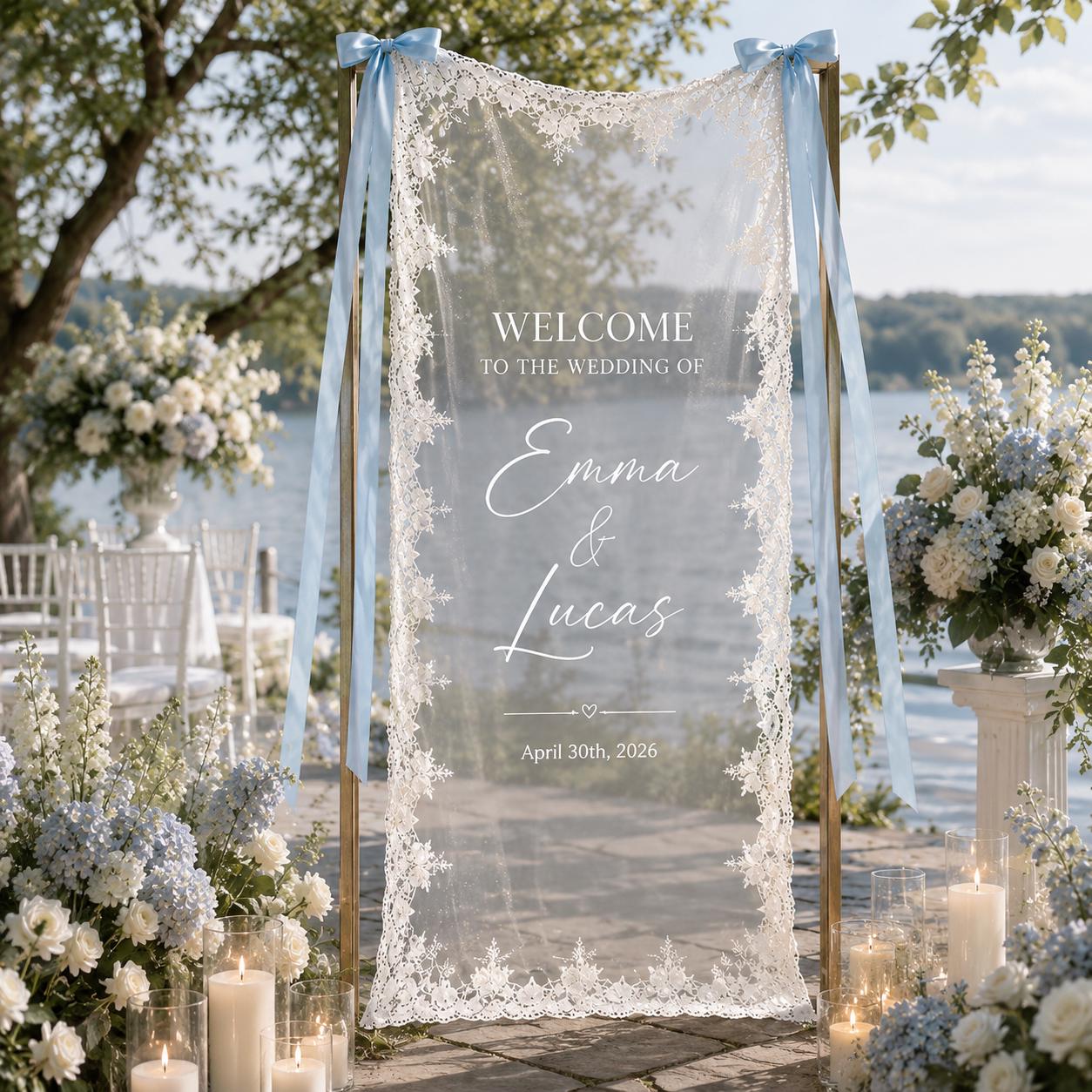 Custom Sheer Lace Wedding Welcome Sign with Modern Ceremony Sign, Lace Wedding Banner, Personalized Welcome Sign for Wedding Reception Decor - photo 2