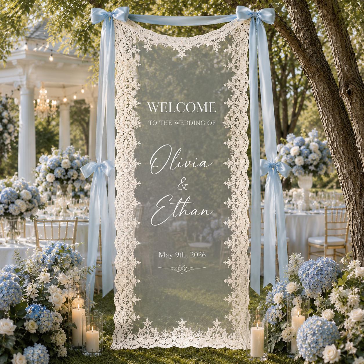 Custom Sheer Lace Wedding Welcome Sign with Modern Ceremony Sign, Lace Wedding Banner, Personalized Welcome Sign for Wedding Reception Decor - photo 3