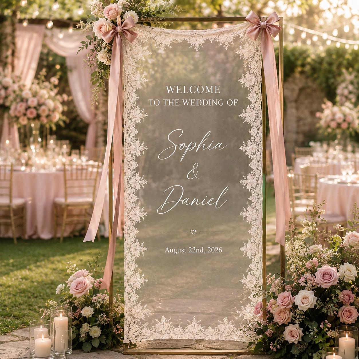 Custom Sheer Lace Wedding Welcome Sign with Modern Ceremony Sign, Lace Wedding Banner, Personalized Welcome Sign for Wedding Reception Decor - photo 4