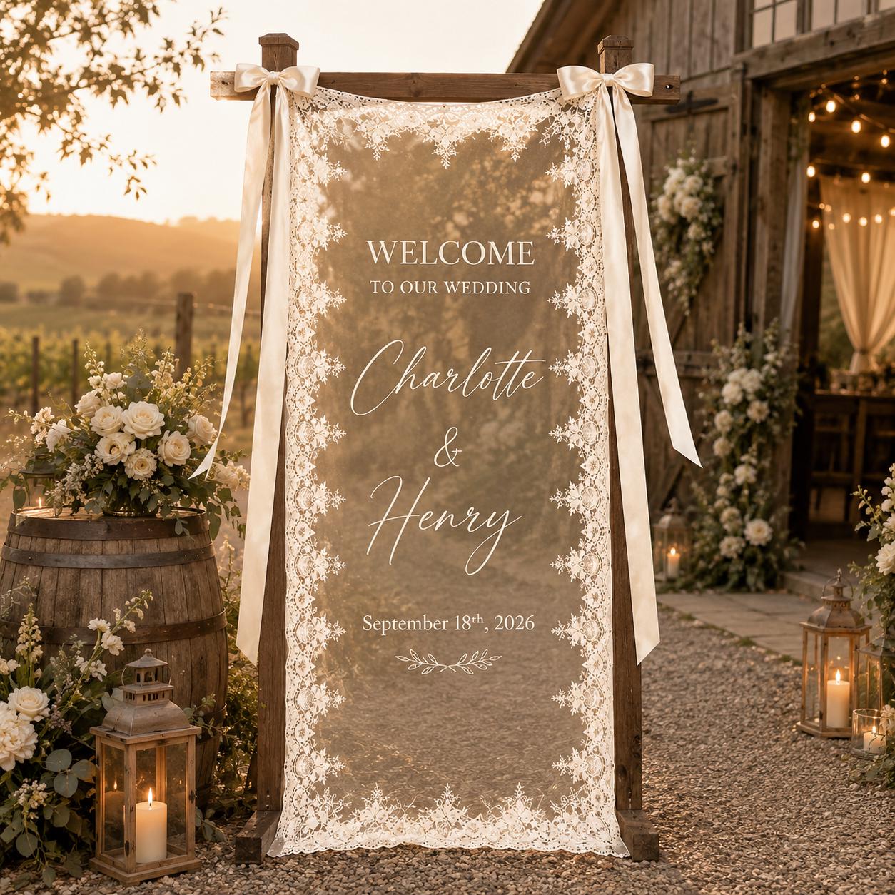 Custom Sheer Lace Wedding Welcome Sign with Modern Ceremony Sign, Lace Wedding Banner, Personalized Welcome Sign for Wedding Reception Decor - photo 8