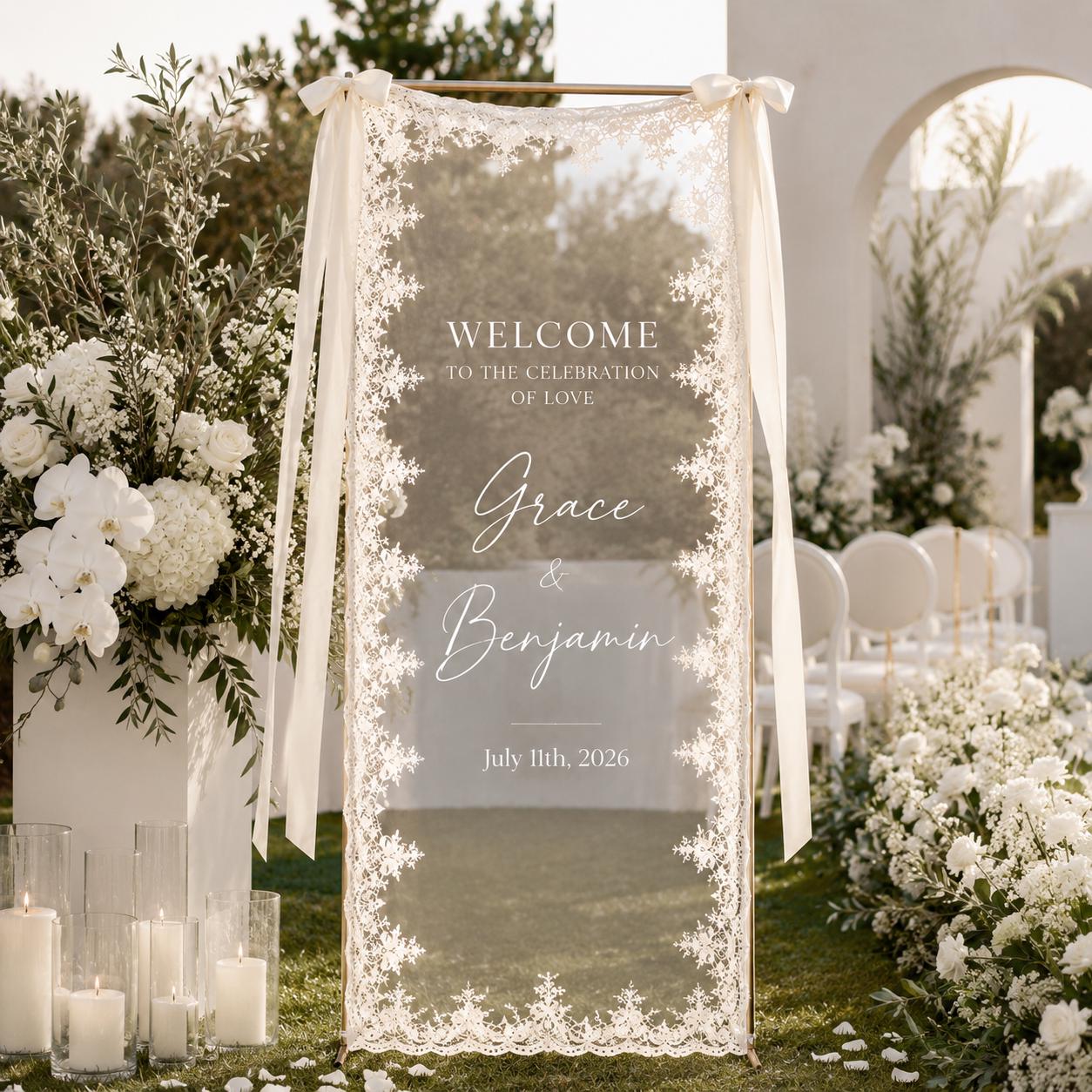 Custom Sheer Lace Wedding Welcome Sign with Modern Ceremony Sign, Lace Wedding Banner, Personalized Welcome Sign for Wedding Reception Decor - photo 9