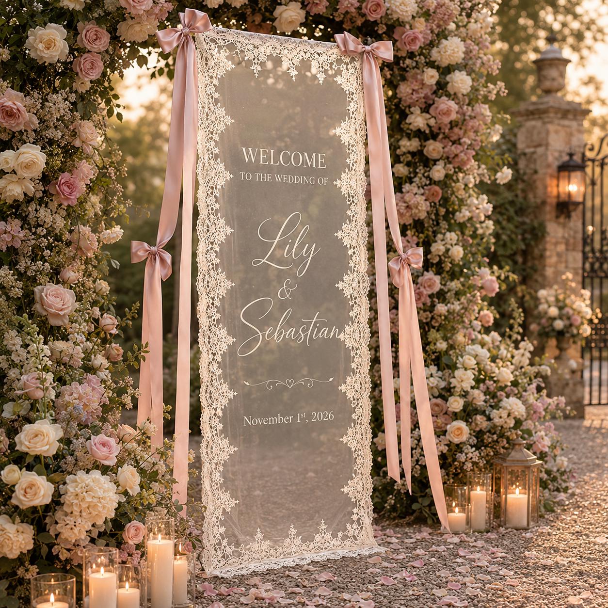 Custom Sheer Lace Wedding Welcome Sign with Modern Ceremony Sign, Lace Wedding Banner, Personalized Welcome Sign for Wedding Reception Decor - photo 11