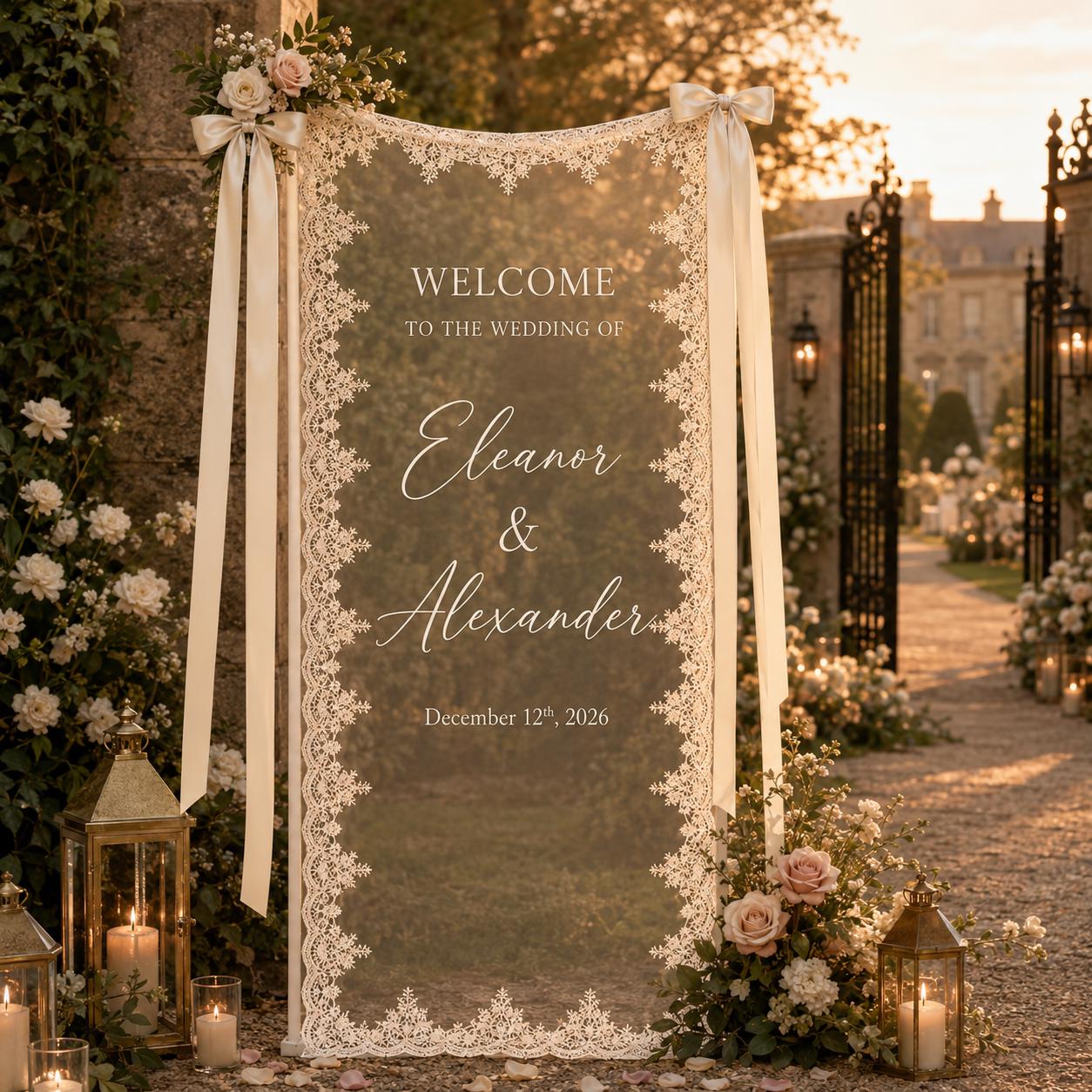Custom Sheer Lace Wedding Welcome Sign with Modern Ceremony Sign, Lace Wedding Banner, Personalized Welcome Sign for Wedding Reception Decor - photo 12