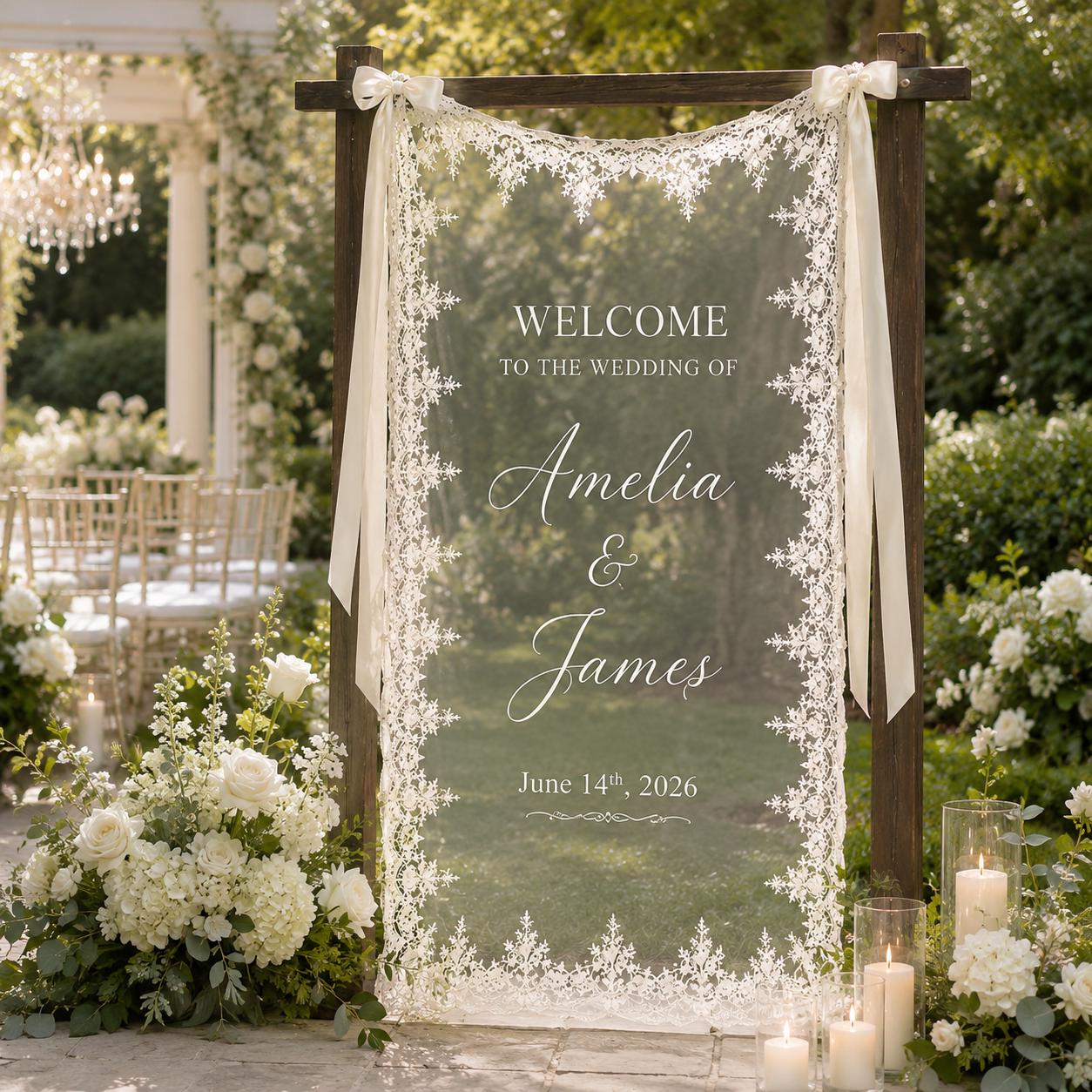 Custom Sheer Lace Wedding Welcome Sign with Modern Ceremony Sign, Lace Wedding Banner, Personalized Welcome Sign for Wedding Reception Decor - photo 13