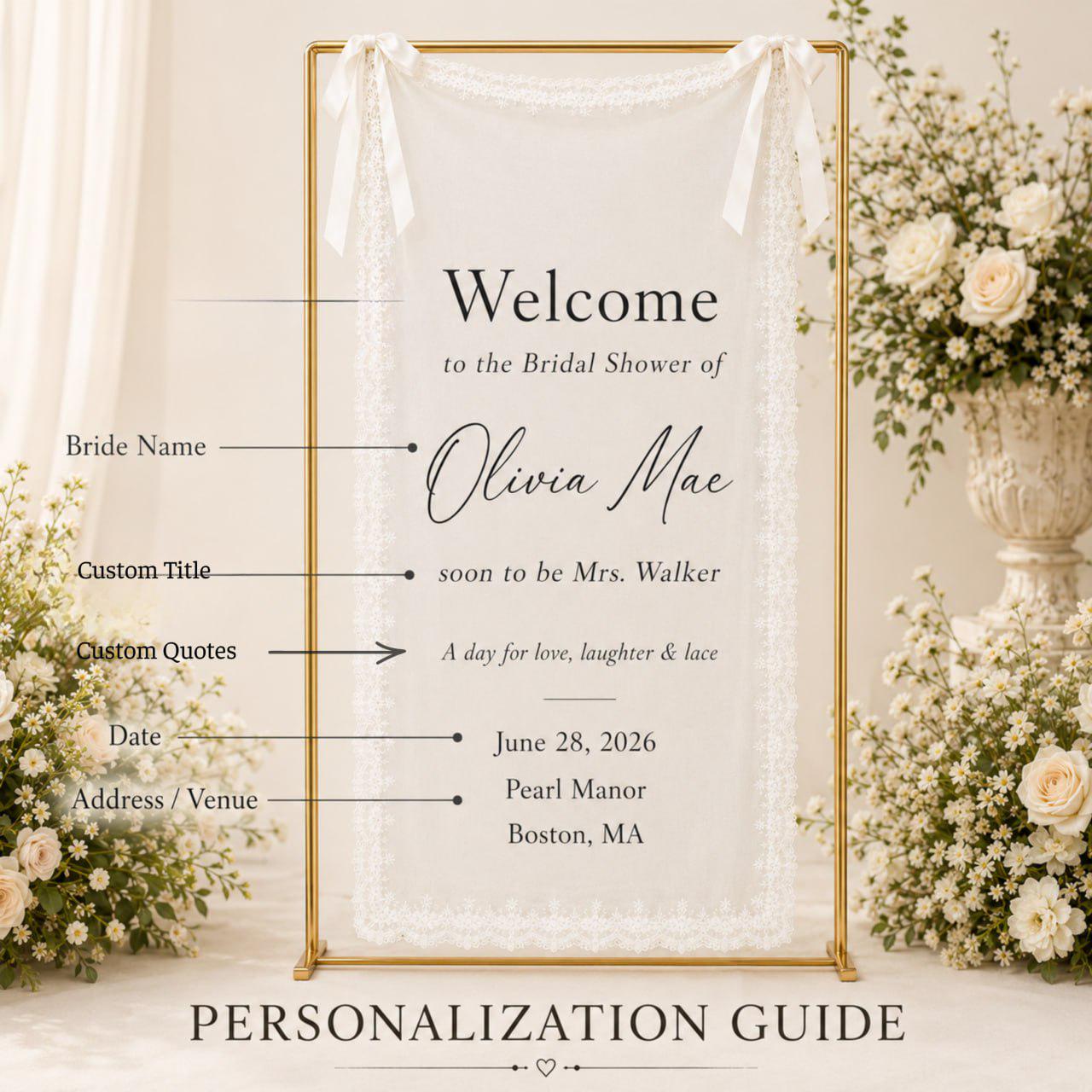 Personalized Lace Bridal Shower Sign with Custom Bridal Shower Decor for Boho Wedding Ceremony Entrance Sign and Reception Decor - photo 5