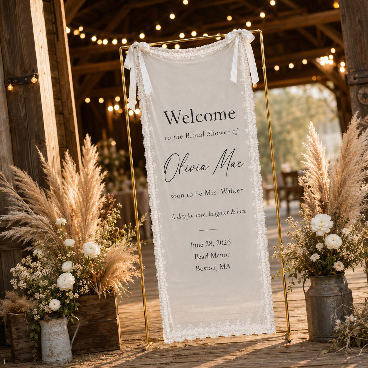 Personalized Lace Bridal Shower Sign with Custom Bridal Shower Decor for Boho Wedding Ceremony Entrance Sign and Reception Decor - photo 11