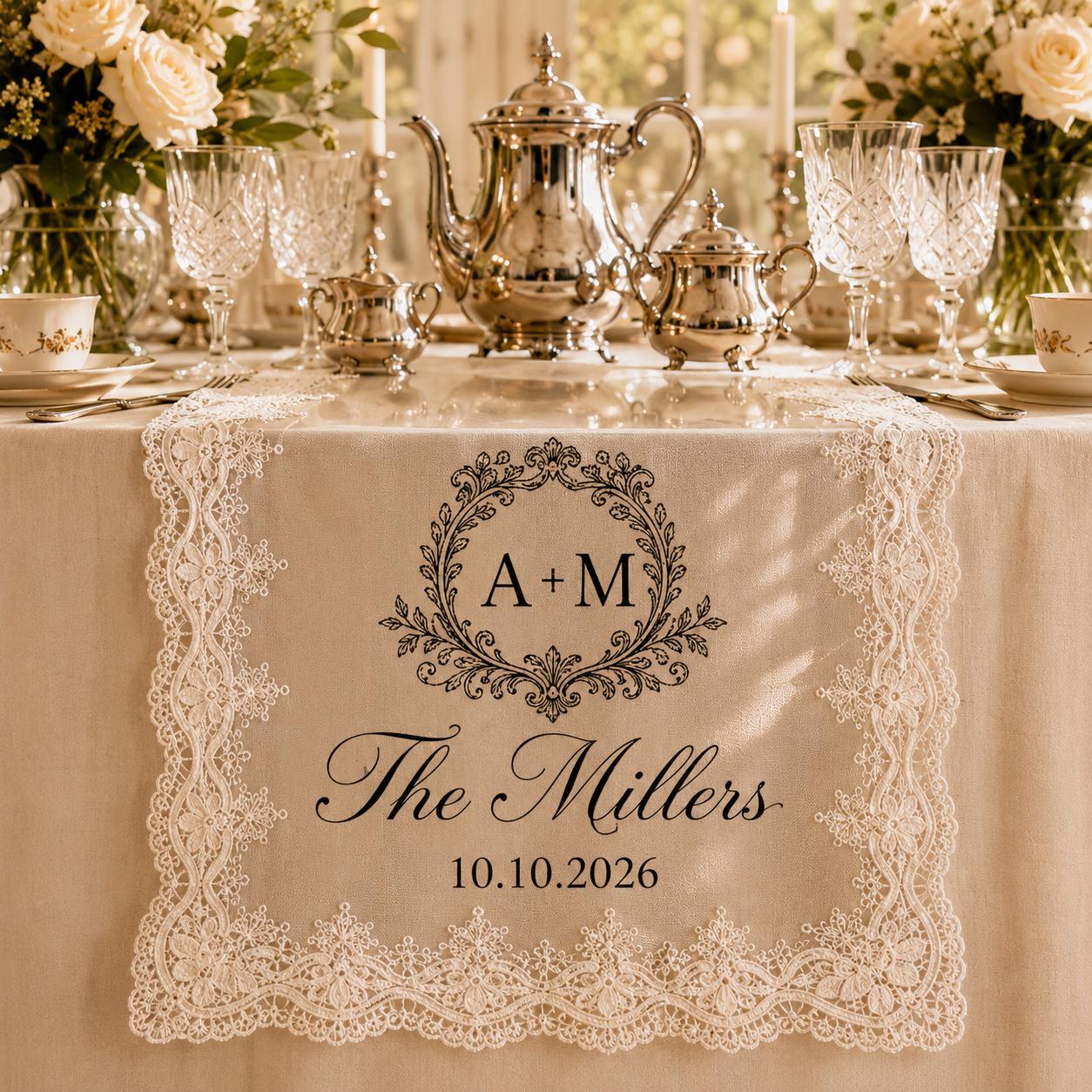 Personalized Lace Table Runner with Custom Family Name Linen Table Runner for Wedding Decor, Bridal Shower Decoration, Anniversary Gift