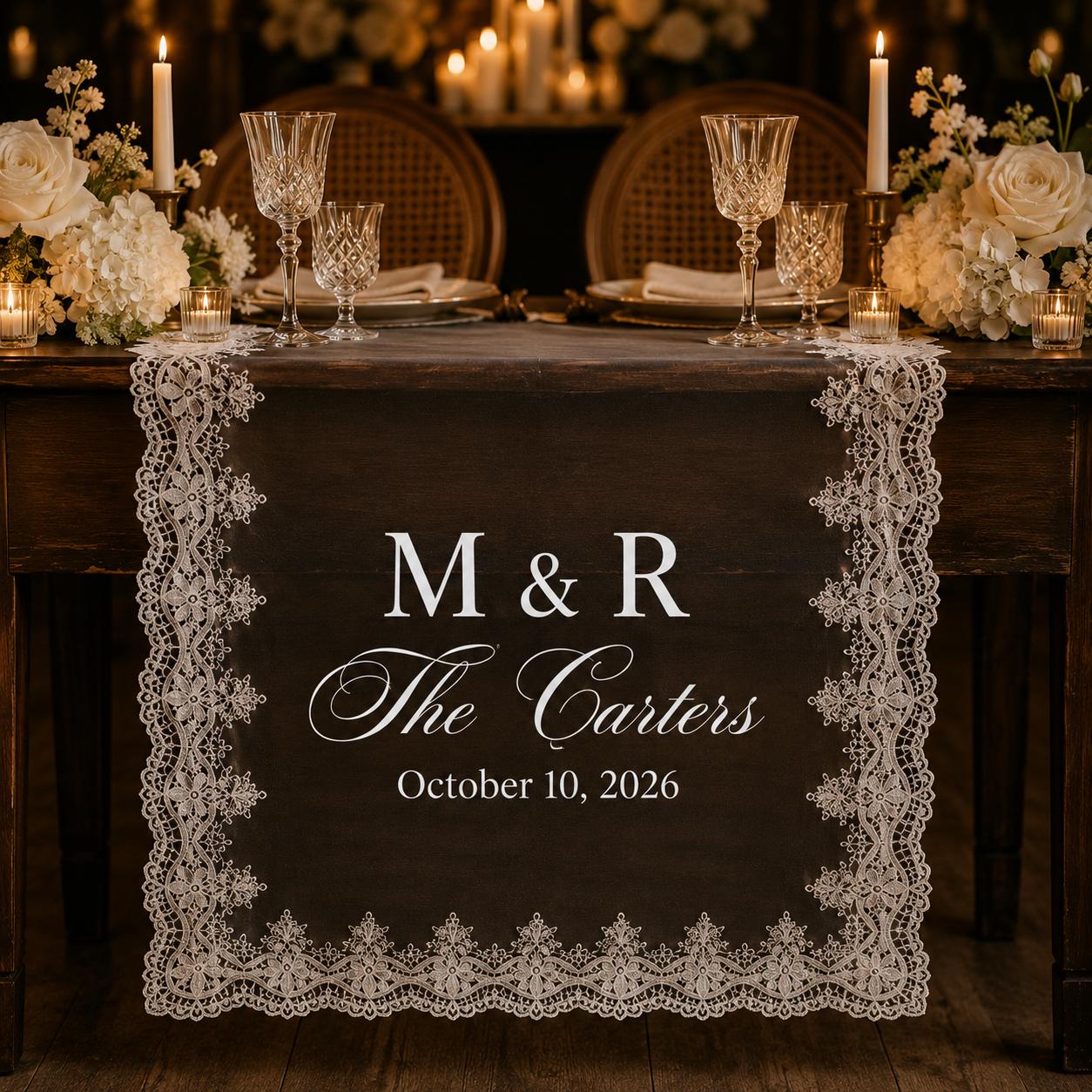 Personalized Lace Table Runner with Custom Family Name Linen Table Runner for Wedding Decor, Bridal Shower Decoration, Anniversary Gift - photo 2