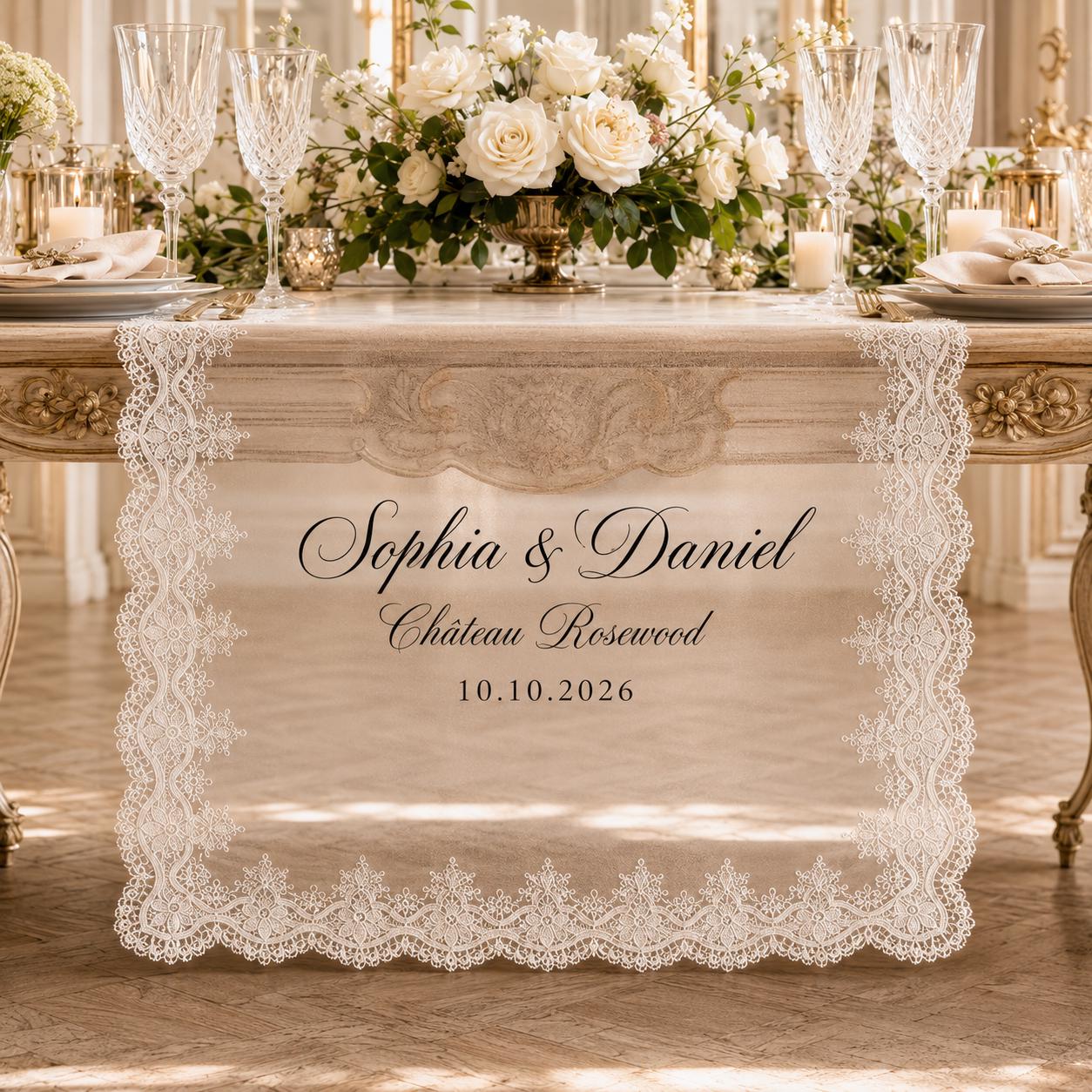 Personalized Lace Table Runner with Custom Family Name Linen Table Runner for Wedding Decor, Bridal Shower Decoration, Anniversary Gift - photo 3