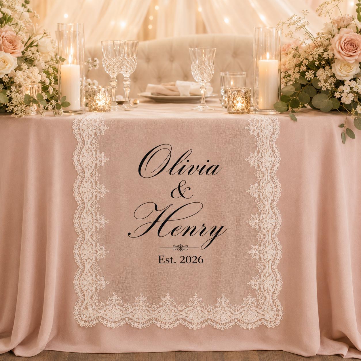 Personalized Lace Table Runner with Custom Family Name Linen Table Runner for Wedding Decor, Bridal Shower Decoration, Anniversary Gift - photo 6